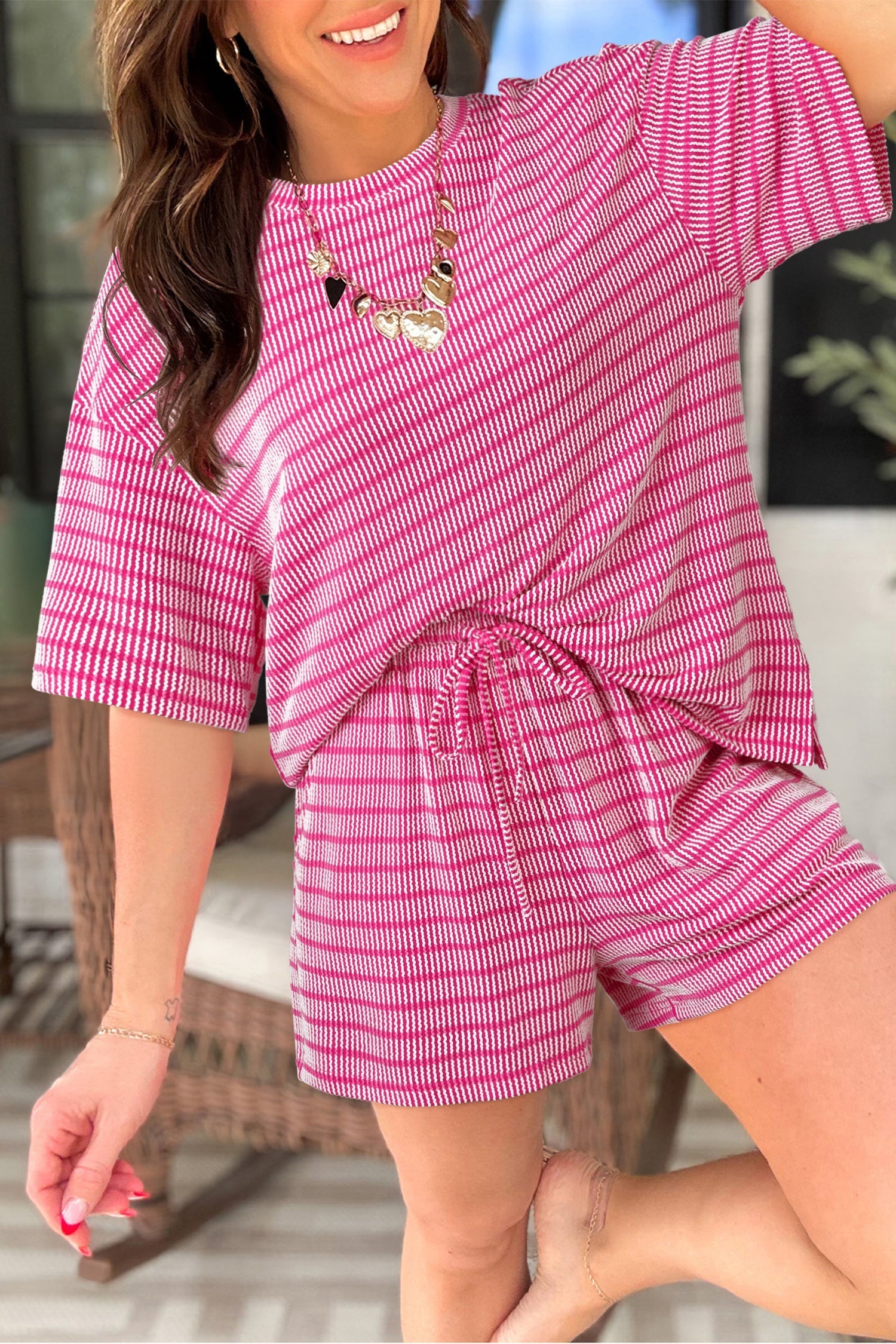 Rose Rib Stripe Raised Loose Tee Drawcord Elastic Waist 2pcs Short Set