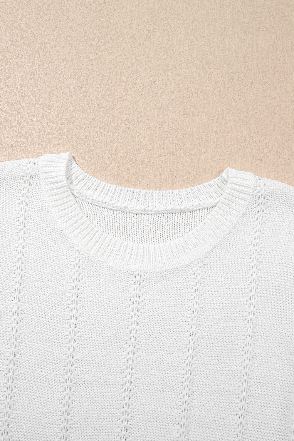 White Pointelle Knit Short Sleeve Crewneck Sweater