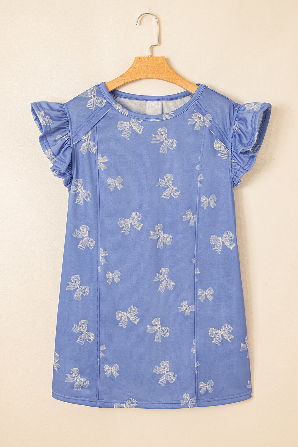 Bow Knot Print Crewneck Ruffled Sleeve Shift Mini Dress