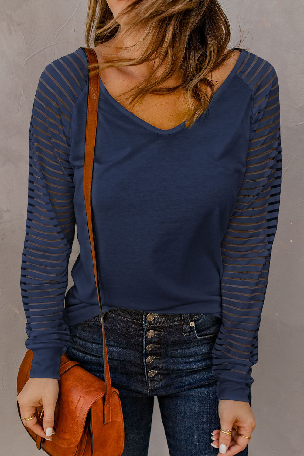 Sheer Stripe V-Neck Top in Blue