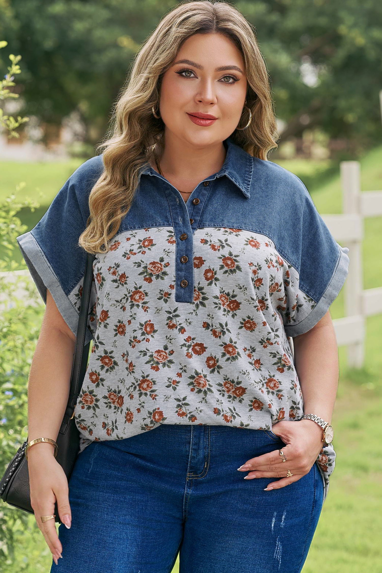 Floral-Print Denim Retro Denim Patchwork Plus Size Polo Tee in Gray