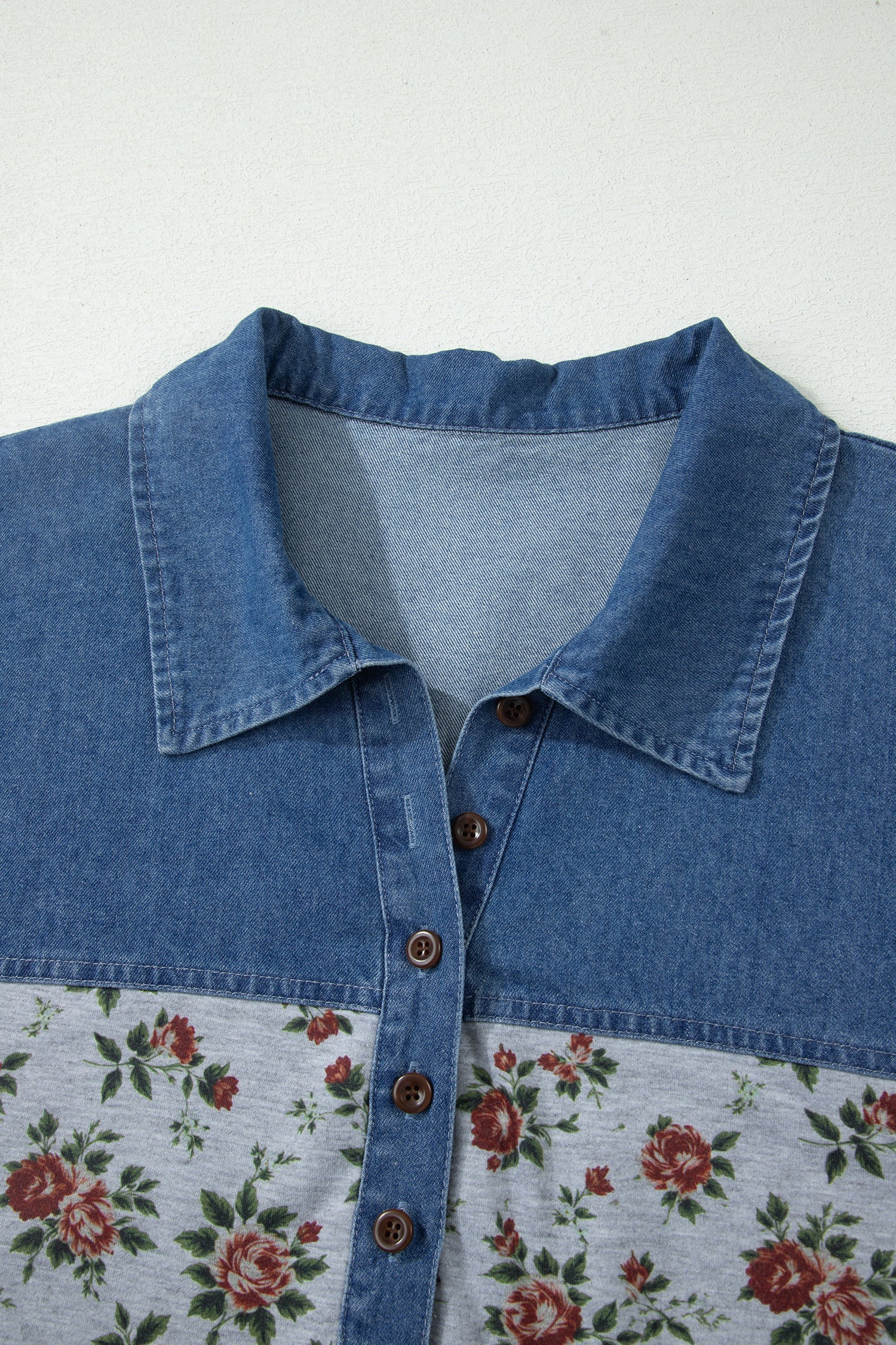 Floral-Print Denim Retro Denim Patchwork Plus Size Polo Tee in Gray