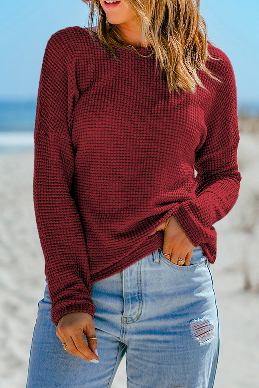 Women's Top Featuring Long-Sleeve Knitted Dropped-Shoulder