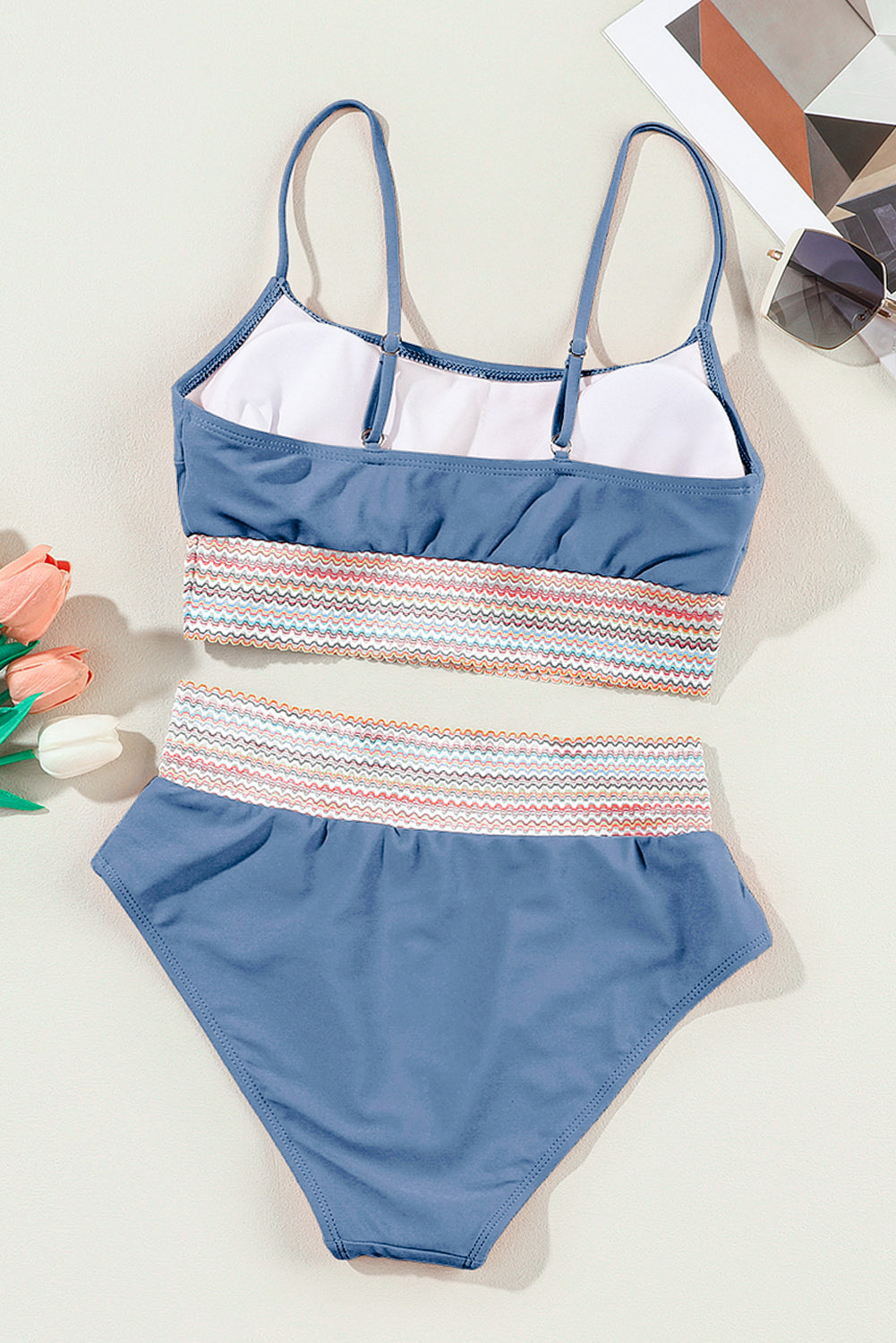 Colorful Dusk Blue Stitch Border Detail 2pcs High-Waisted Bikini Swimsuit