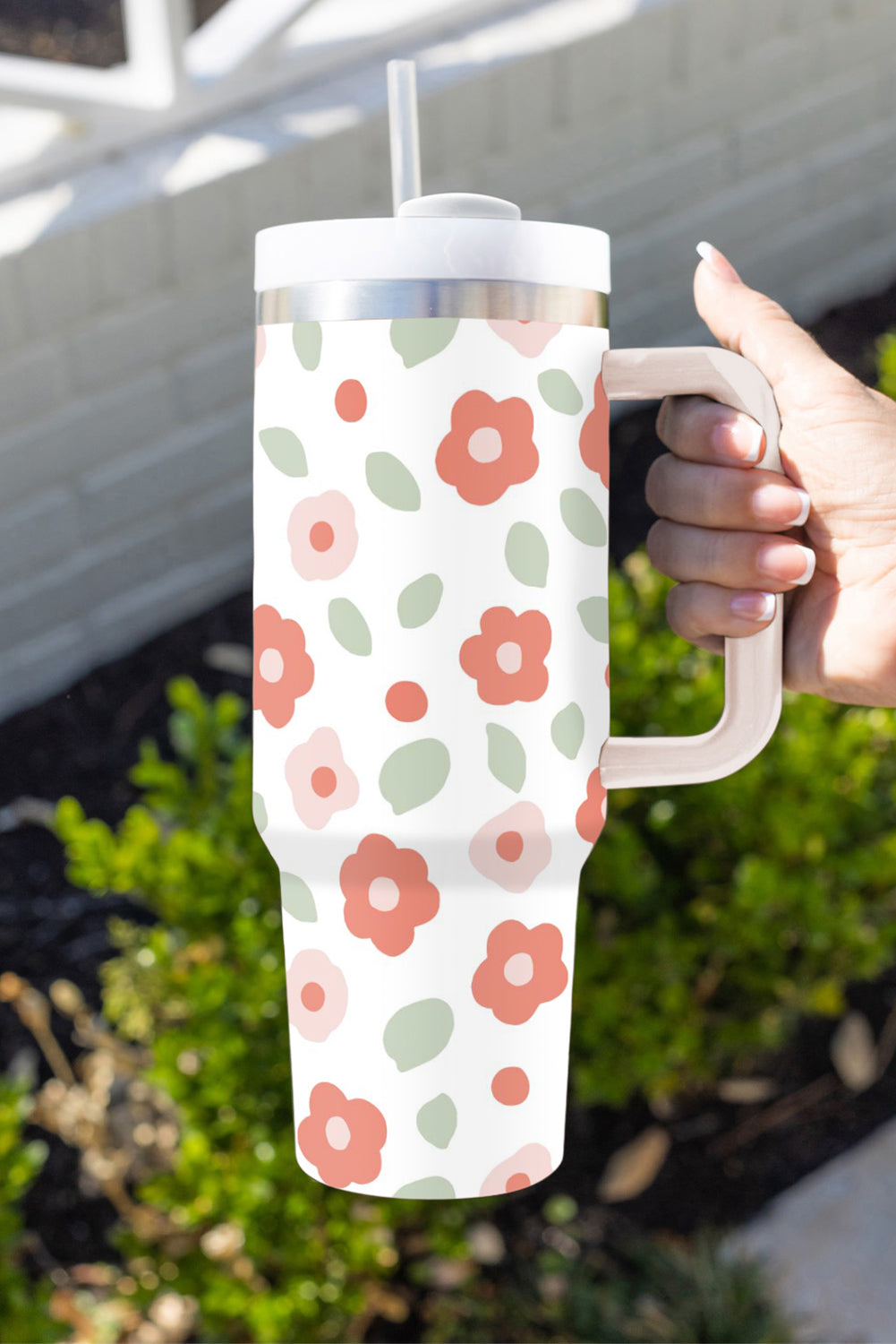 Floral Leaves Print Stainless Large Portable Cup 40oz