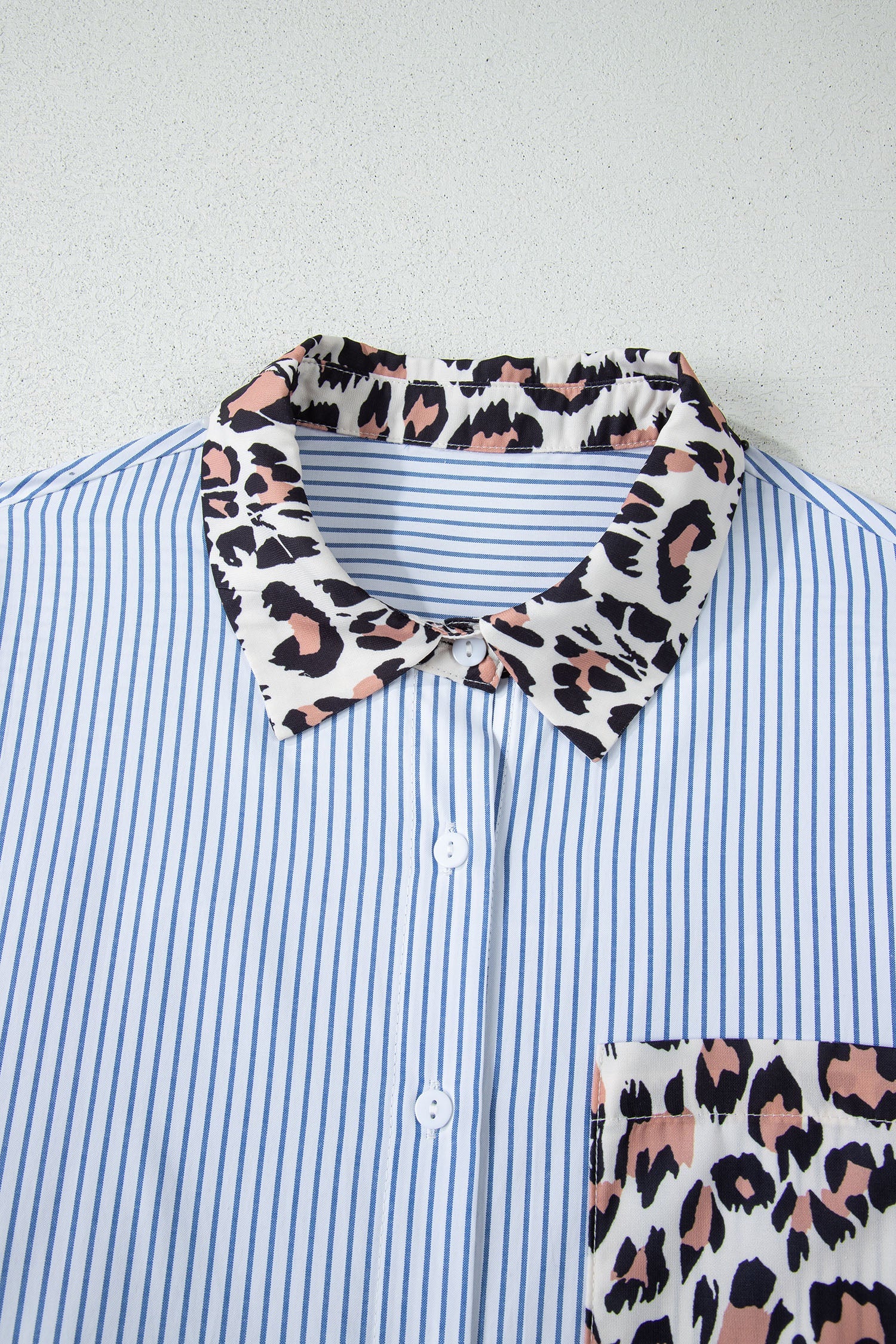 Patchwork Colorblock Leopard Chest Pocket Cuffed Sleeve Shirt