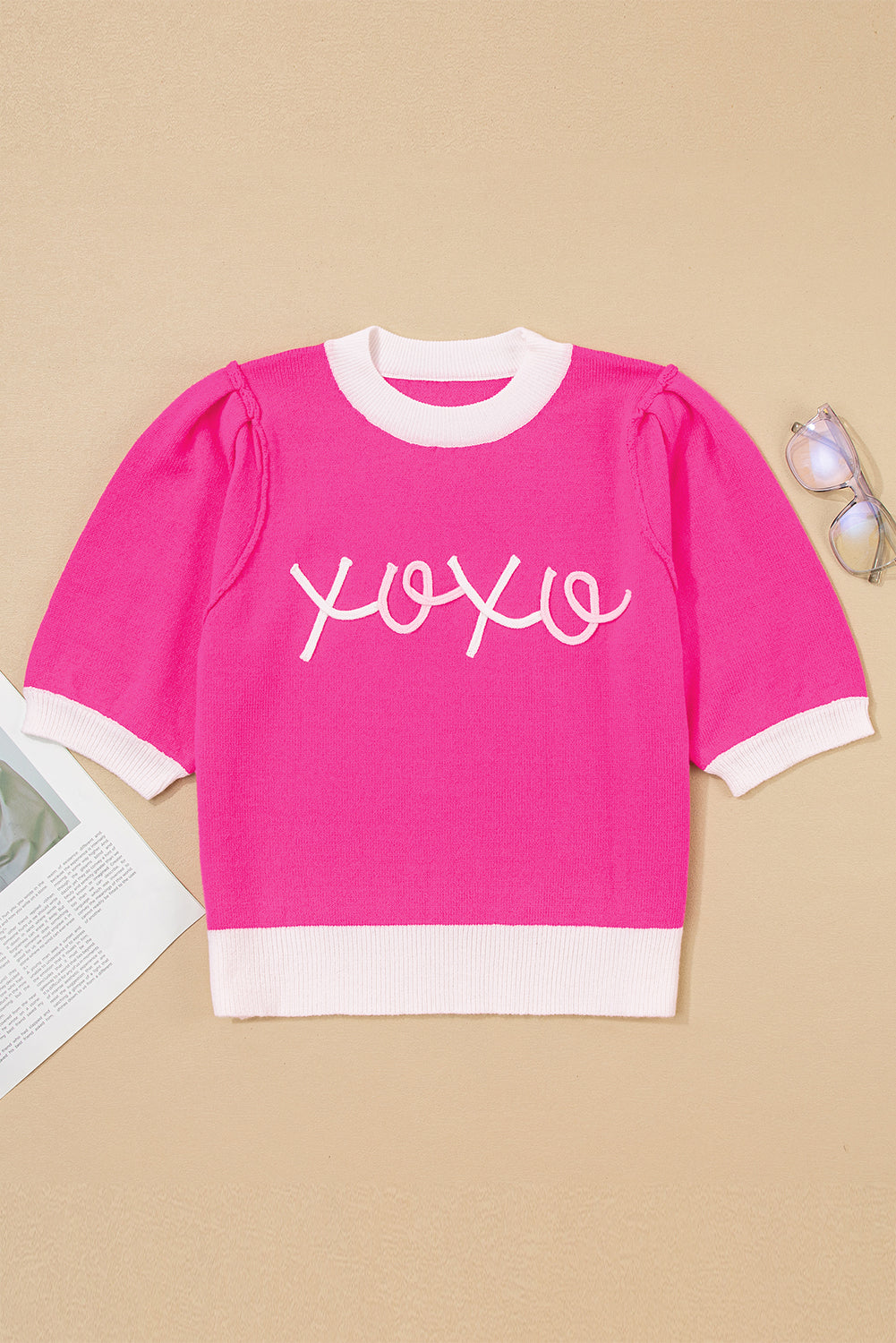 Graphic XOXO Embroidered Valentines Contrast Trim Crew-Neck Short Puff Sleeve Knit Top Tee