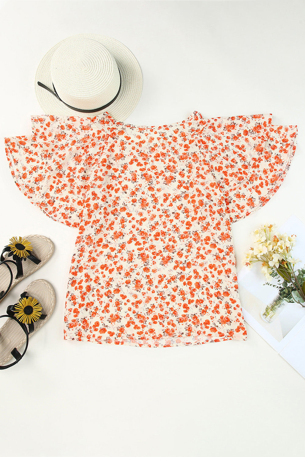 Blouse for Women Layered Flutter Sleeve Floral-Print