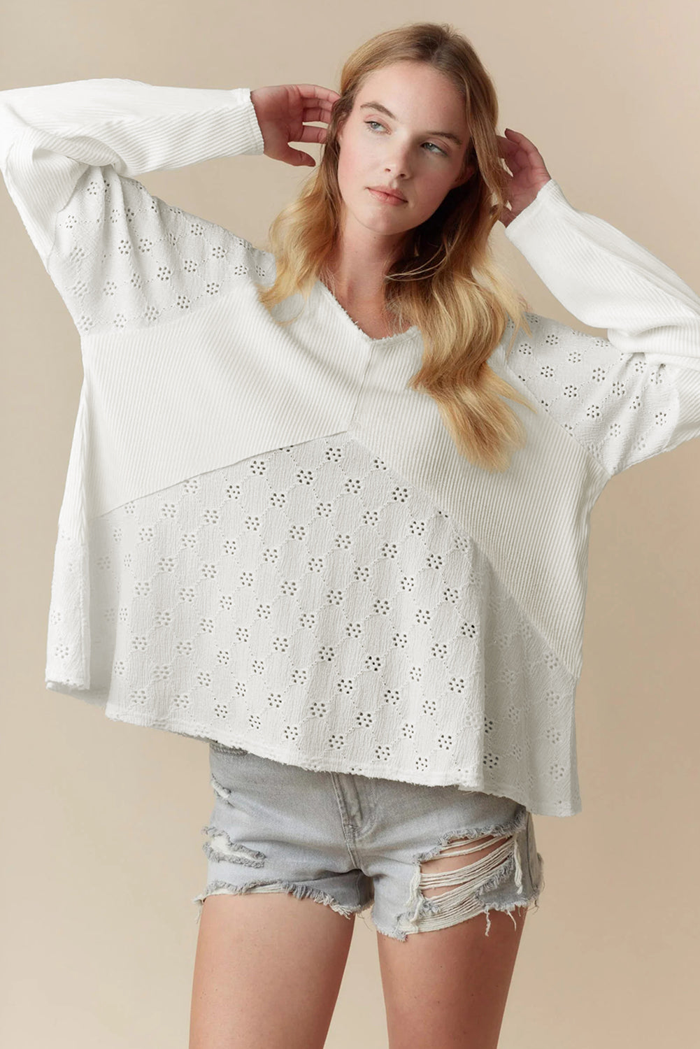 Twisted Embroidered Rib Patchwork Loose V-Neck Long-Sleeved Top