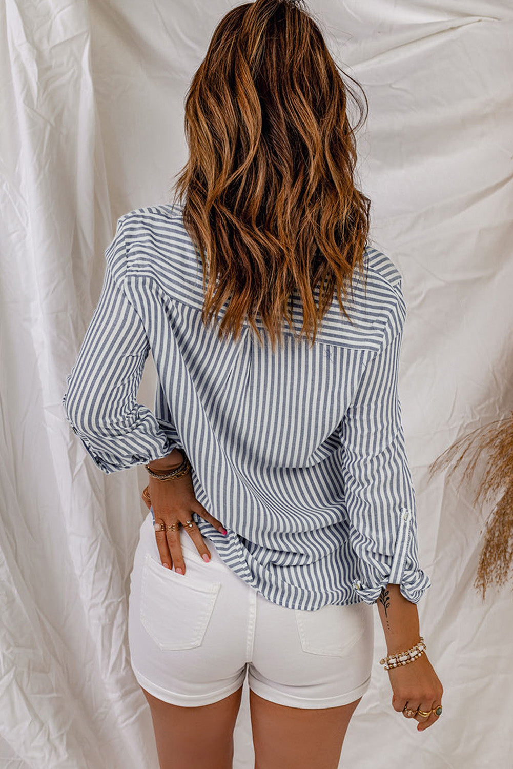 Shirt for Women Buttons Long-Sleeve Striped Pocket-Detail