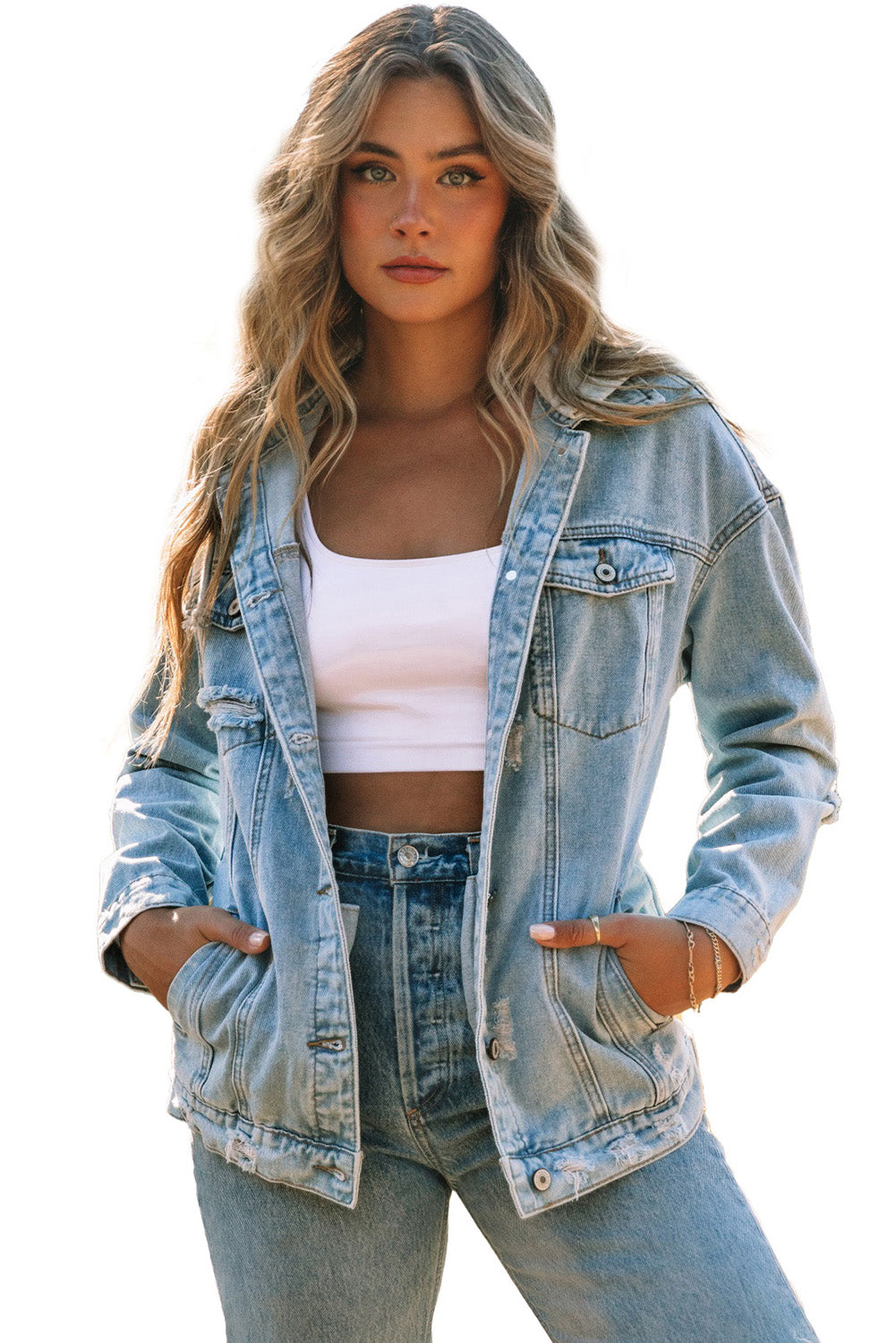 Women's Ripped Hooded Button Closure Denim Jacket