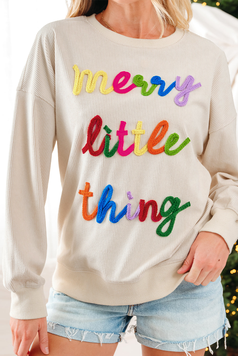 little thing merry thing Corded Letter Graphic Rib-Knit Loose Sweatshirt