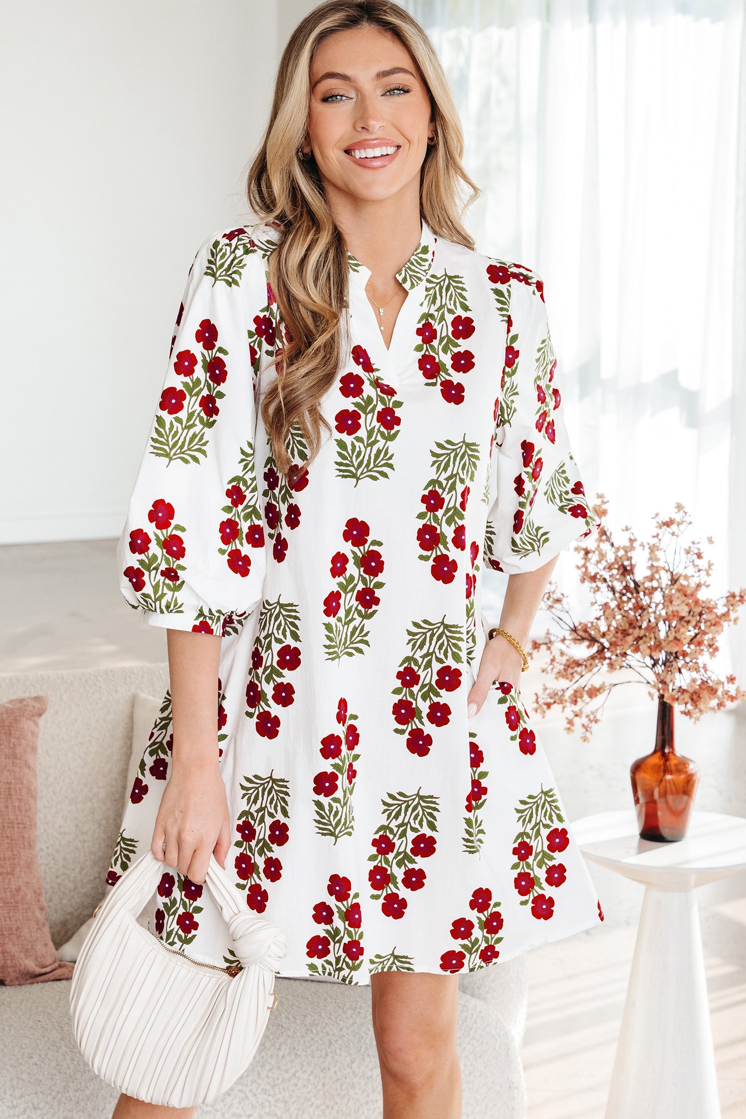 V-Neck 3/4 Floral-Print 3/4 Sleeve Loose Mini Dress in White