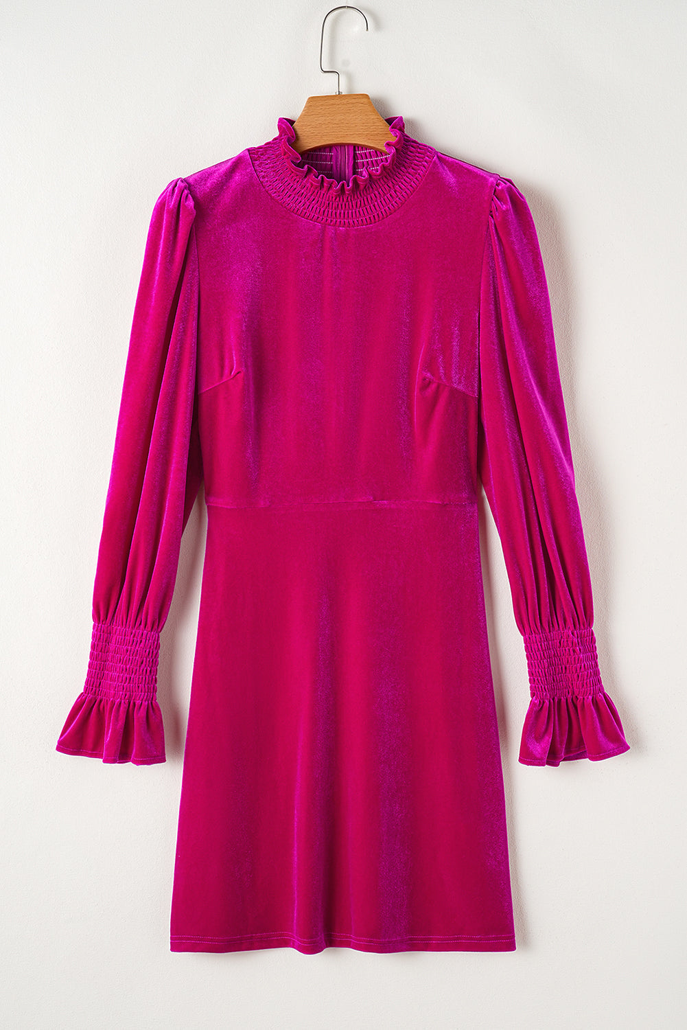 Women's Ruffle-Trimmed Balloon Sleeve Velvet Mini Dress