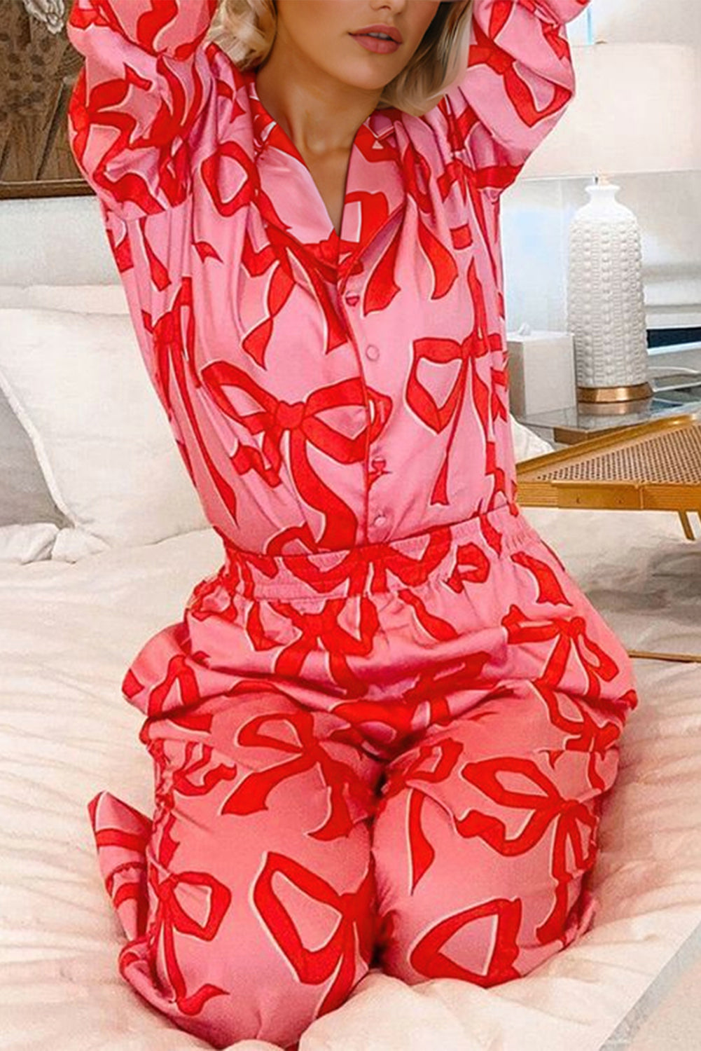 Bow Print 2pcs Print Shirt Style Long-Sleeved Pajama Set