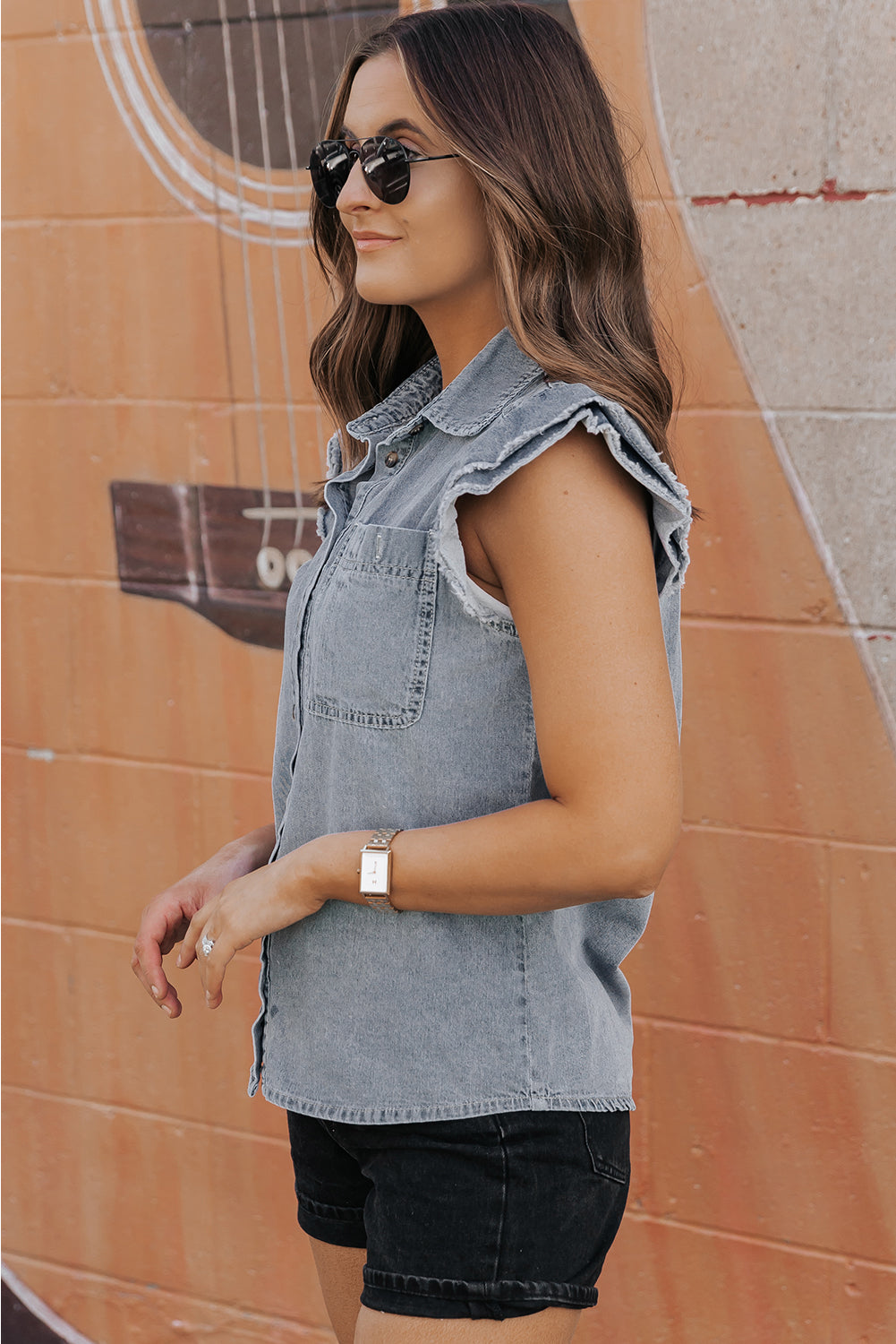 Women's Shirt Featuring Denim Frayed Ruffle-Trimmed Sleeve