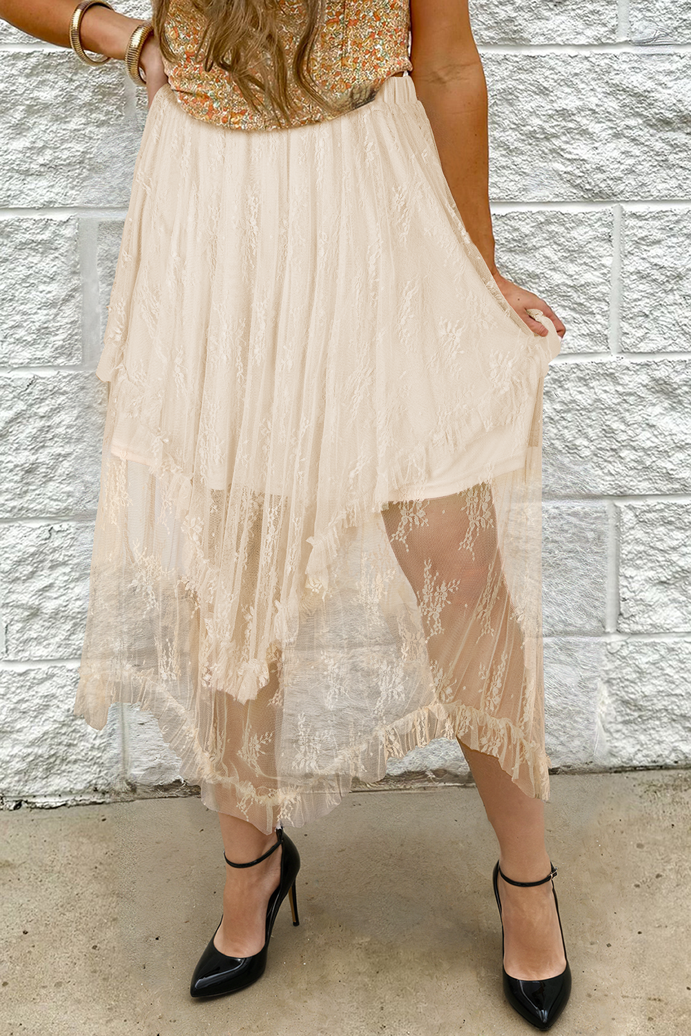 Lace High-Waisted Cascading Tiered Maxi Skirt in Apricot