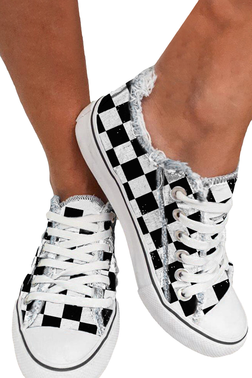 Checkered Edge Print Raw Lace-up Canvas Shoes