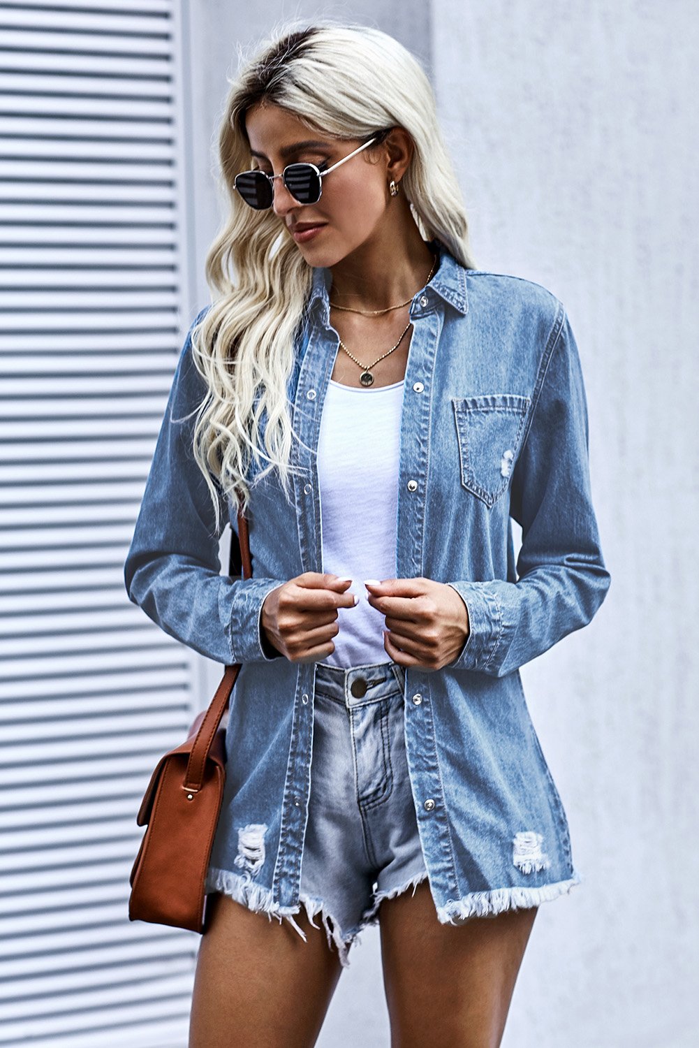 Women's Denim Jacket Featuring Women's Shirt Collar Ripped