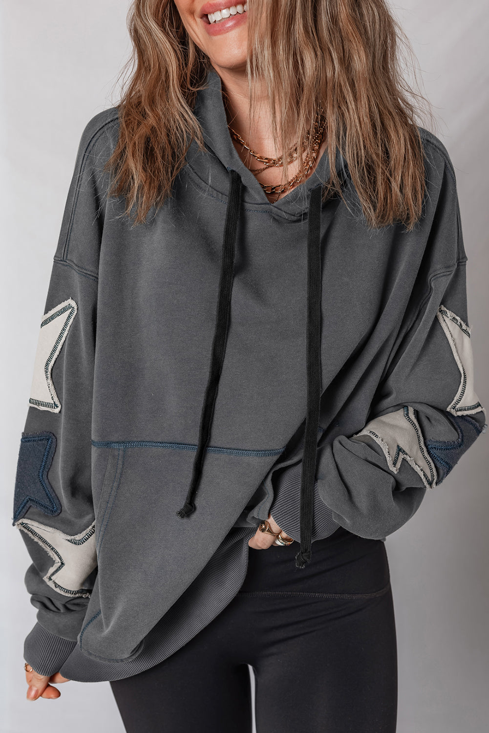 Star Stitching Patchwork Contrast Mineral Wash Kangaroo Pocket Retro Hoodie