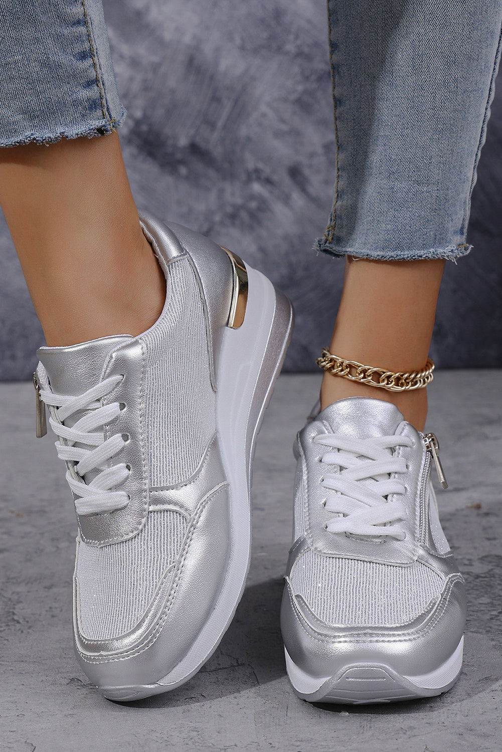 PU Zip Leather Patchwork Lace-up Sneakers