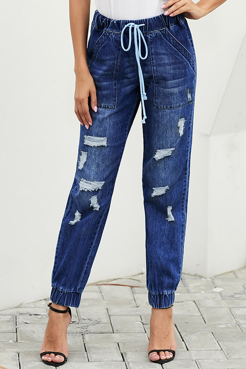 Women's Joggers Featuring Ripped Jean Blue Distress Drawcord Pocket-Detail