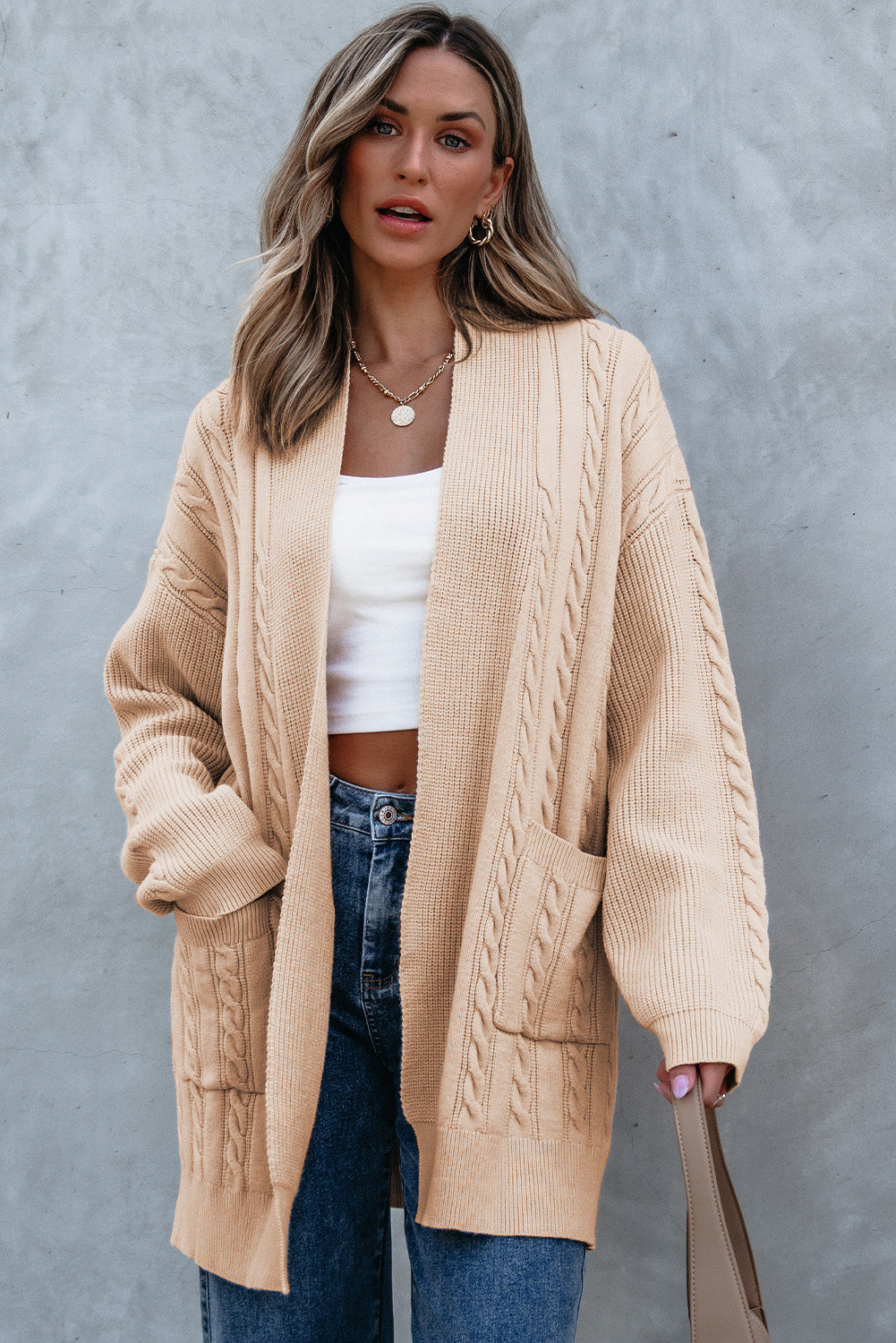 Cable Oversize Chunky Knit Open-Front Midi-length Cardigan