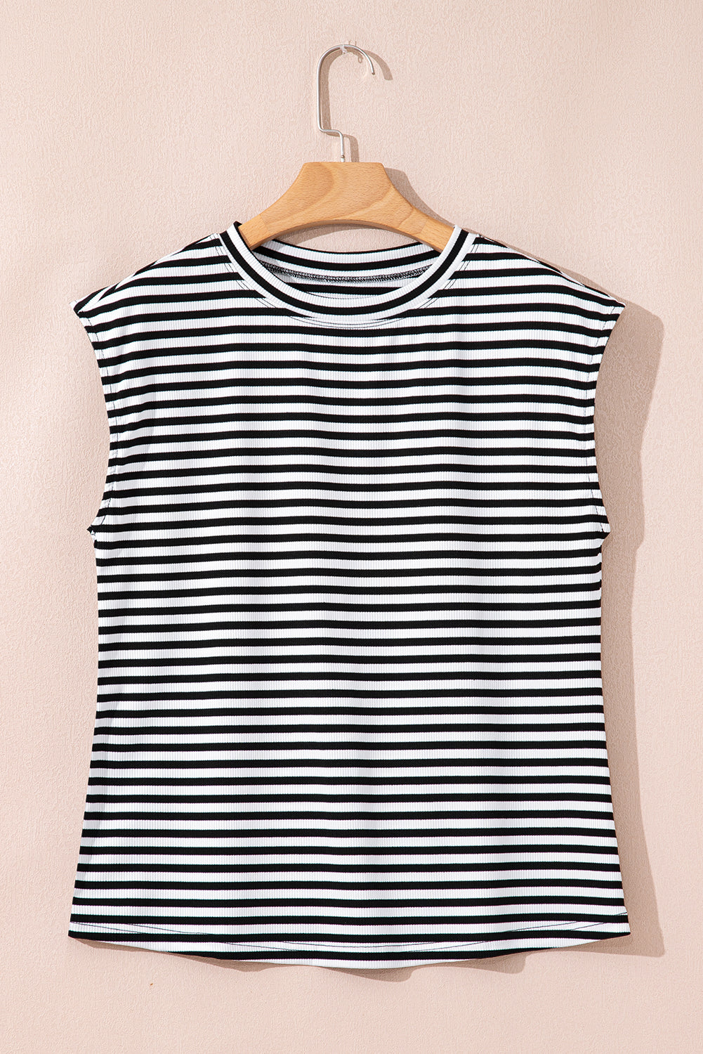 Rib-Knit Round-Neck Cap Sleeve T Shirt