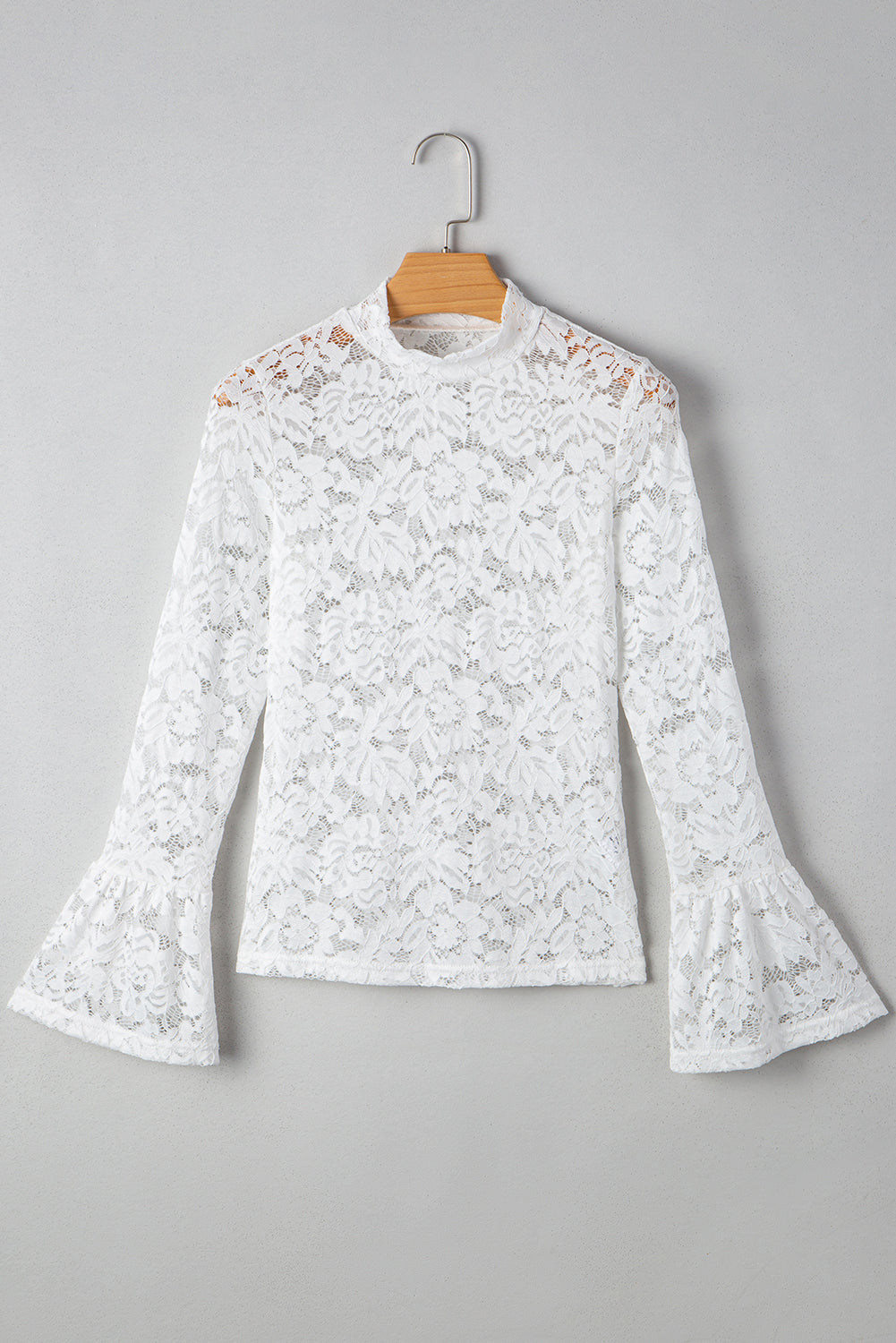 Lace Crochet Bell Sleeve Mock-Neck Blouse