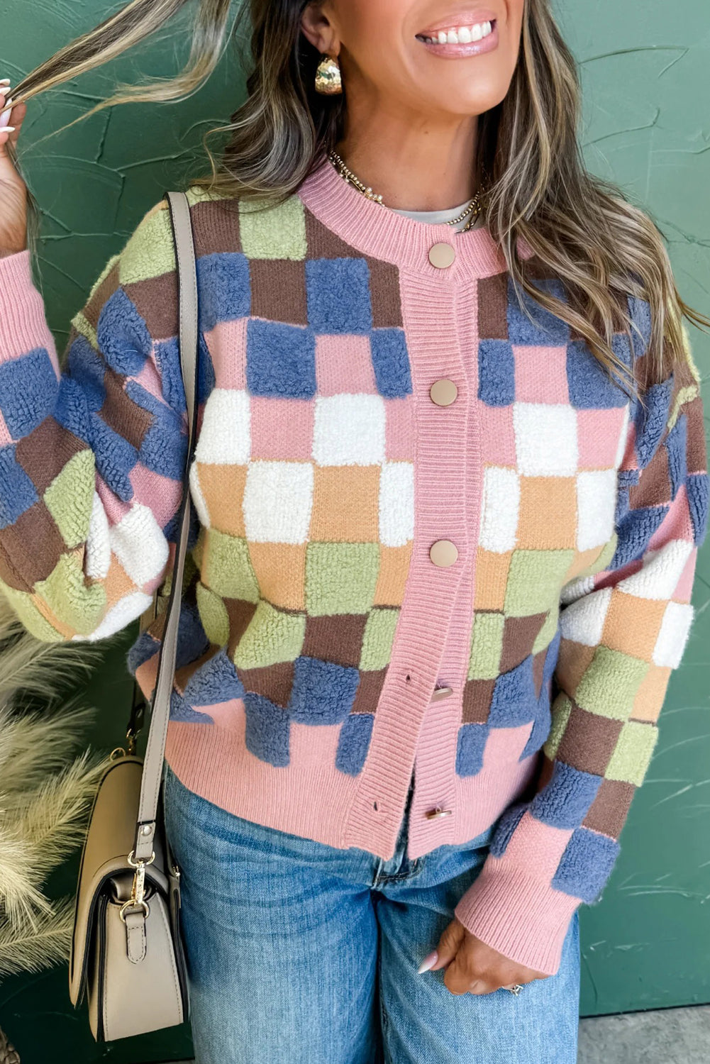 Plush Button Checkered Pattern Front Cardigan Knit Top in Multicolour