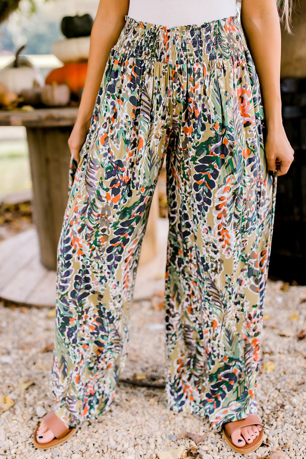 Women's Floral-Print Print Shirred High-Rise Wide-Leg Everyday Pants