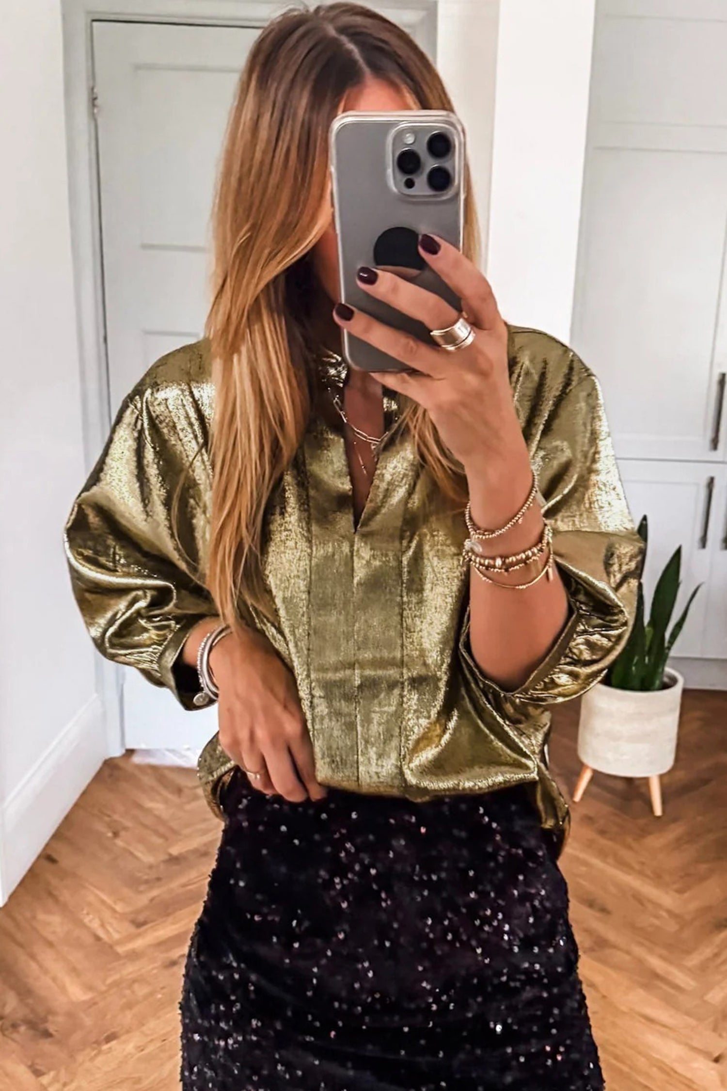 Metallic Half Split Neck Sleeve Blouse