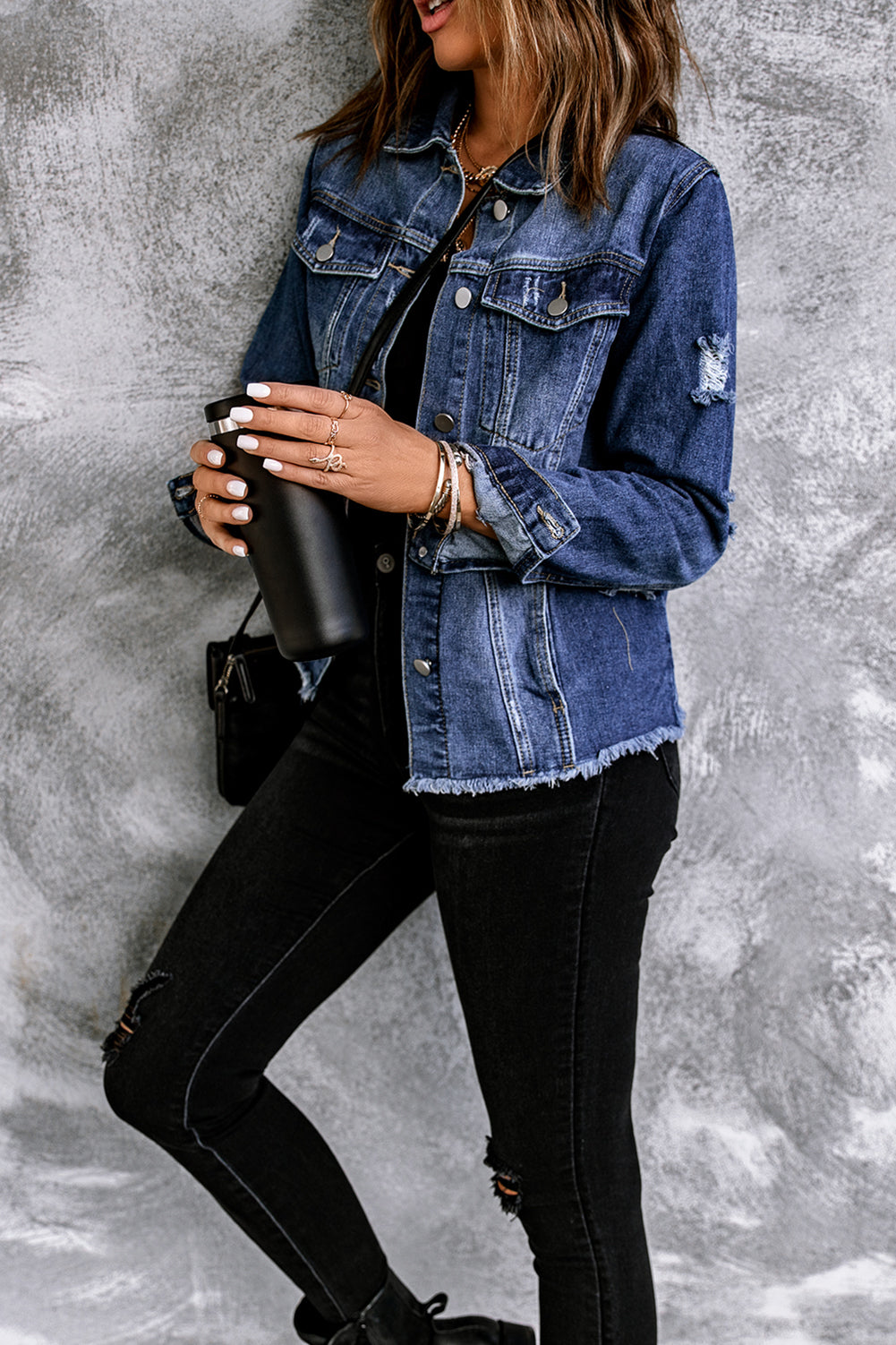 Women's Denim Jacket with Lapel Distressed Raw