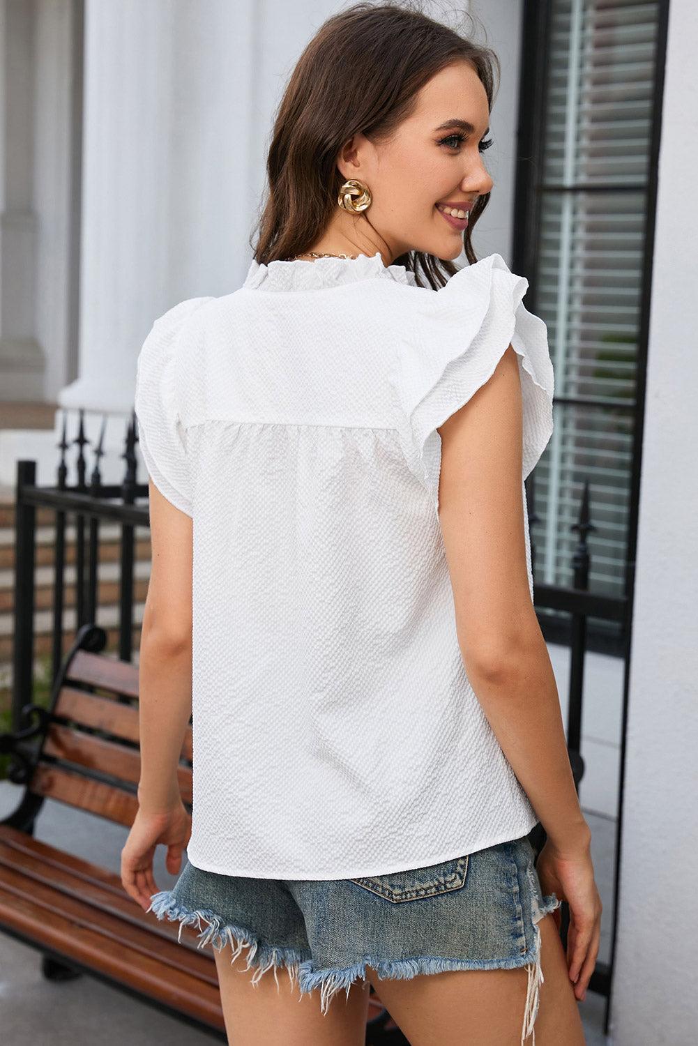 Top for Women White Ruffle-Trimmed Flutter Notch Neck