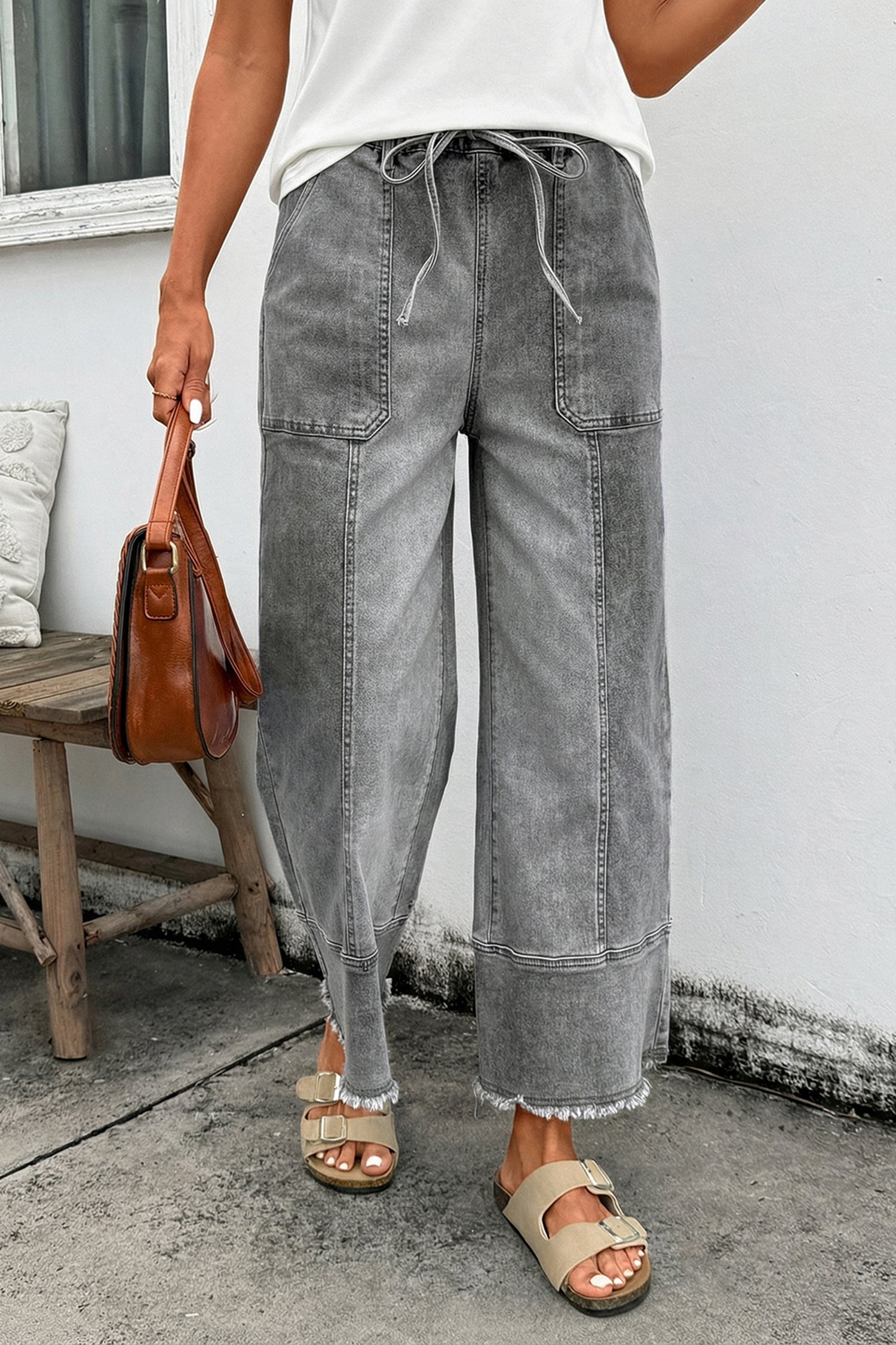Detail Drawcord Seam Raw Hem Wide-Leg Denim Pants in Gray