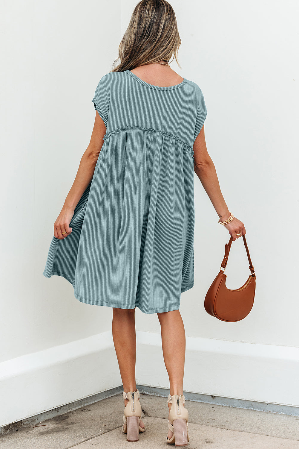 Knit Textured Corded Textured Patched Pocket Frilled Swing Mini Dress Featuring Pockets