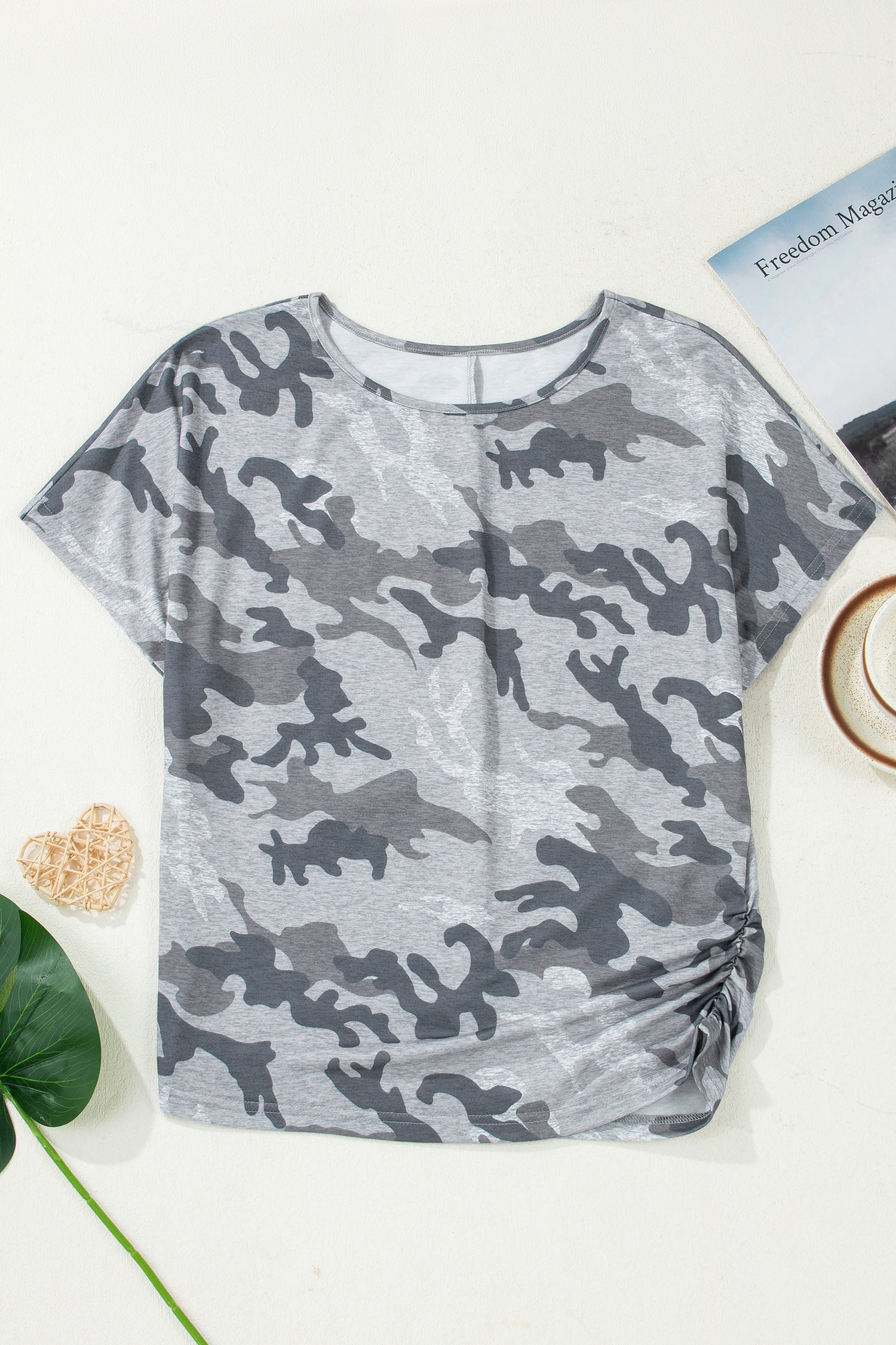 Everyday Print Gray Camouflage Round-Neck T Shirt