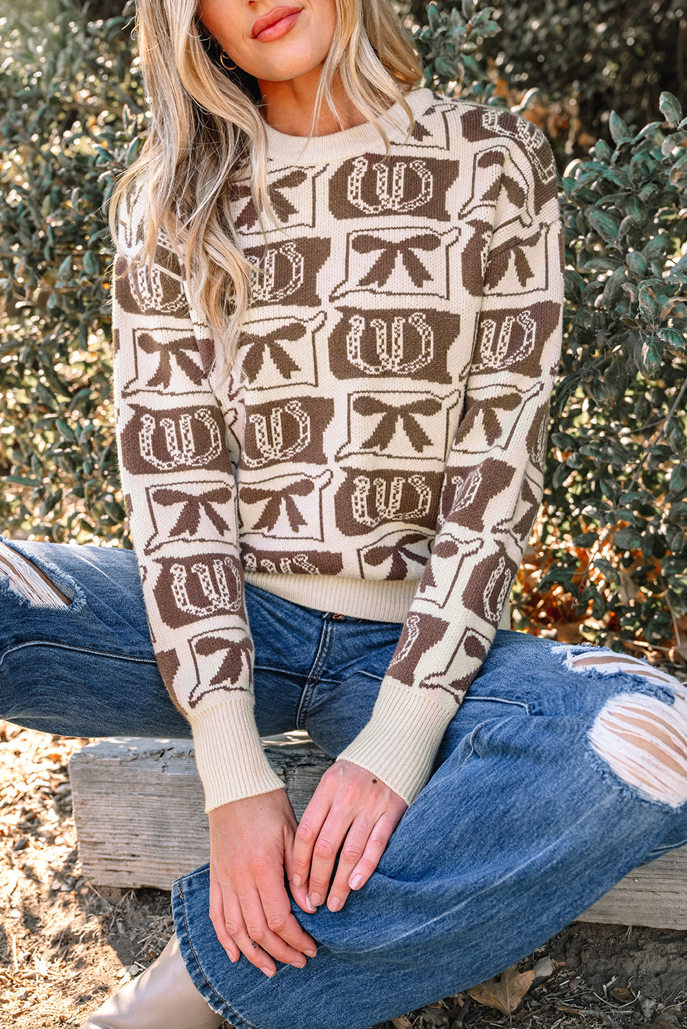 Horseshoes Bows & Pattern Western Fashion Print Knit Top