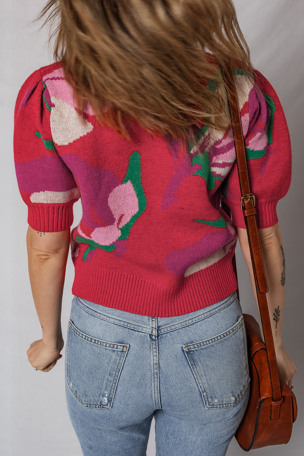 Abstract Print Floral Print Short Puff Sleeve Knit Top