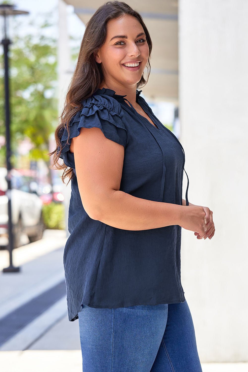Blouse for Women Ruffle-Trimmed Sleeve Drawcord Plus Size