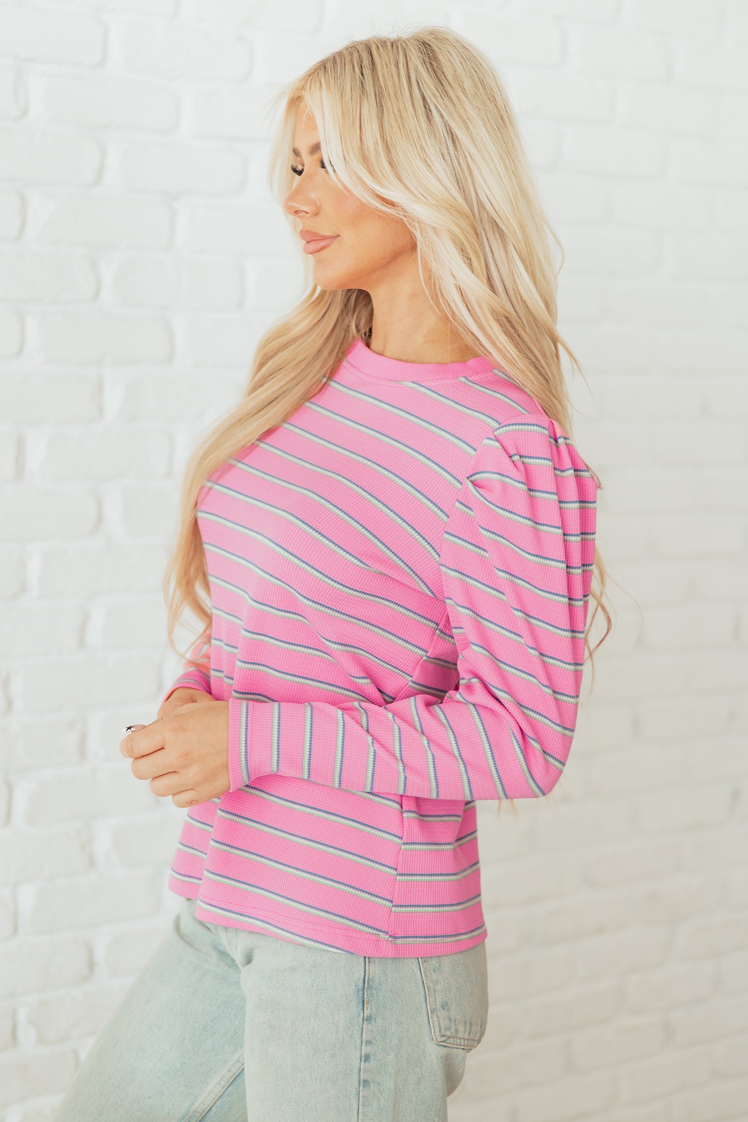 Textured Knit Round-Neck Long-Sleeved Top