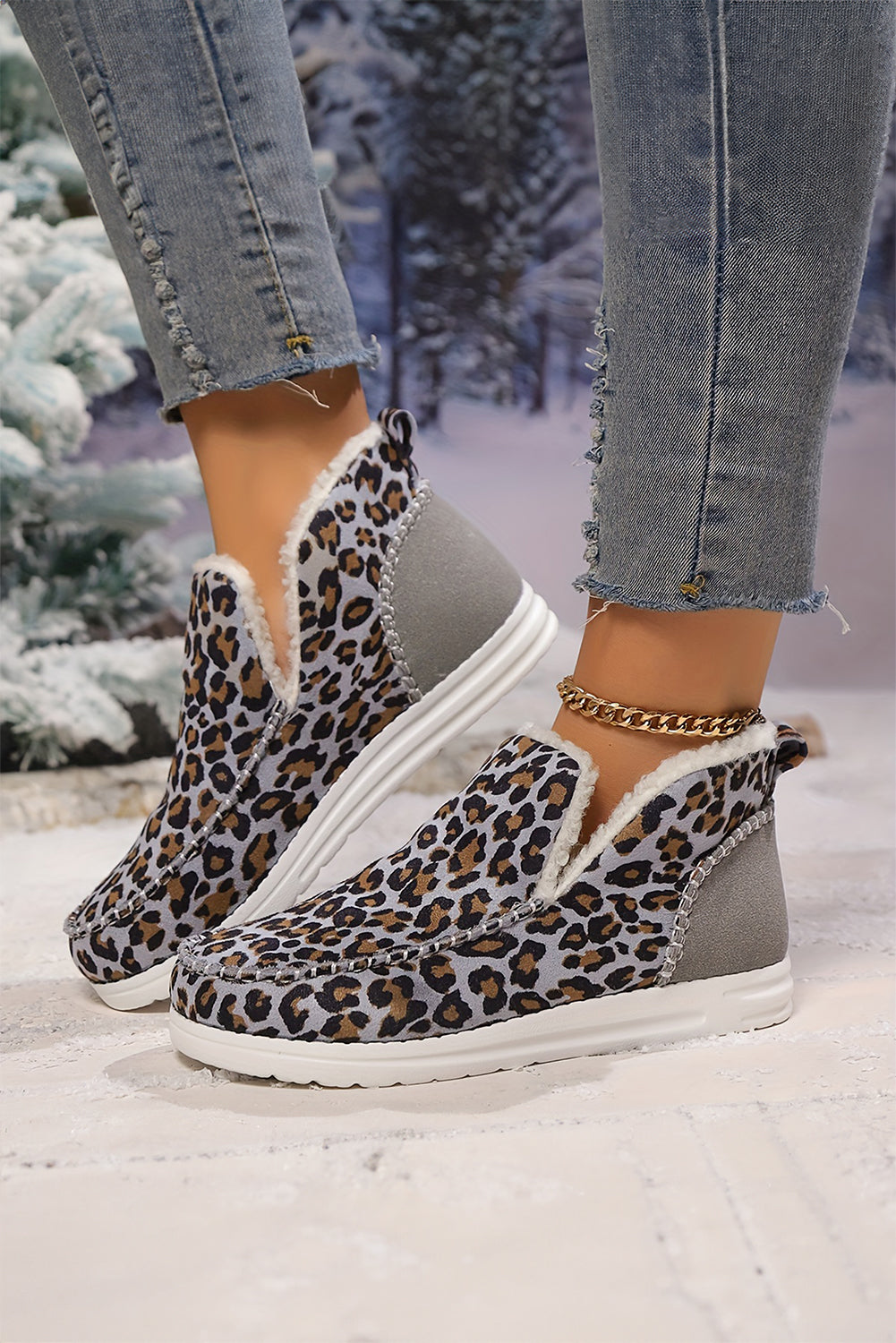 Patched Leopard-Print Ankle Flat Winter Fur Boots