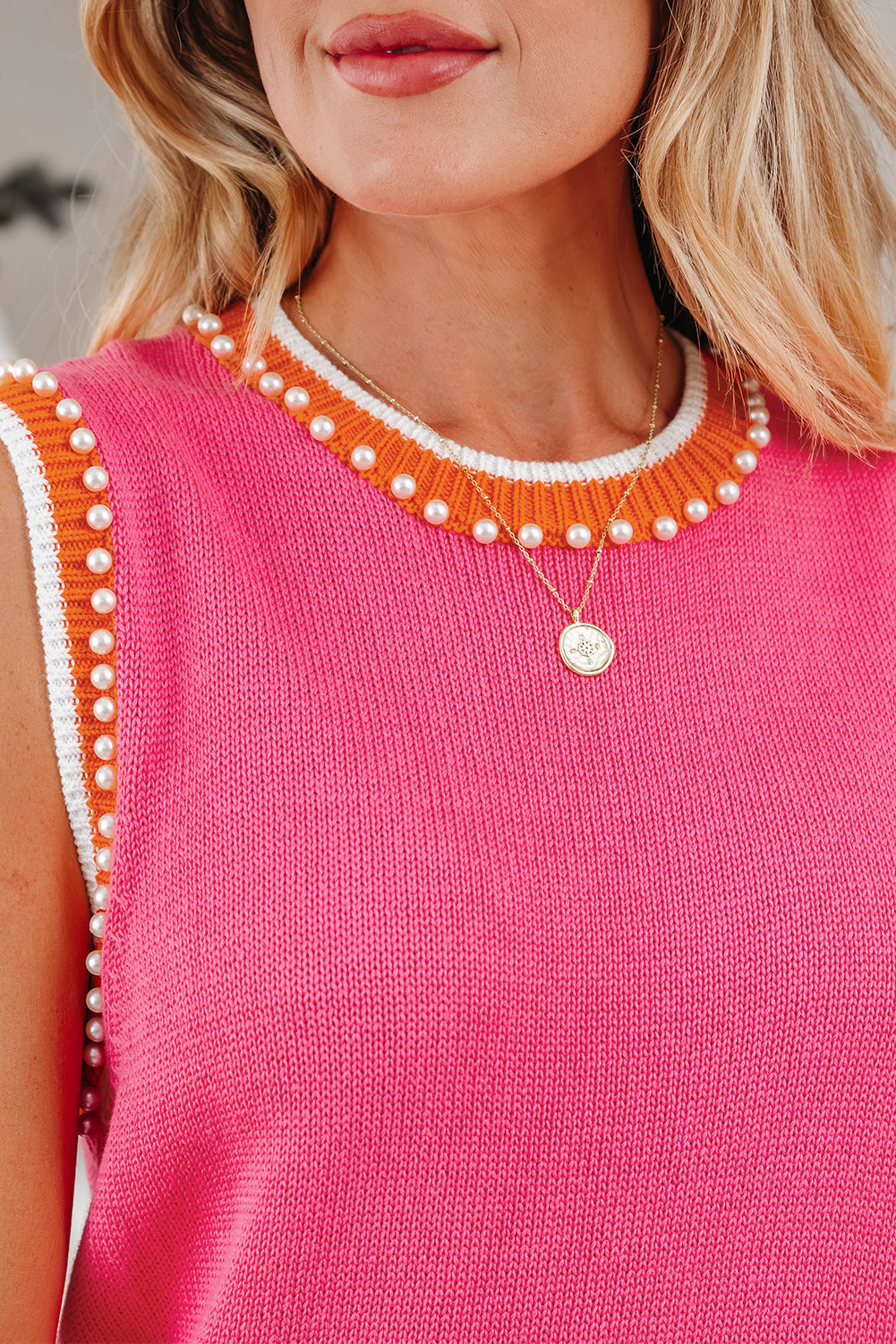 Contrast Detail Trim Pearl Knit Top Tank Top