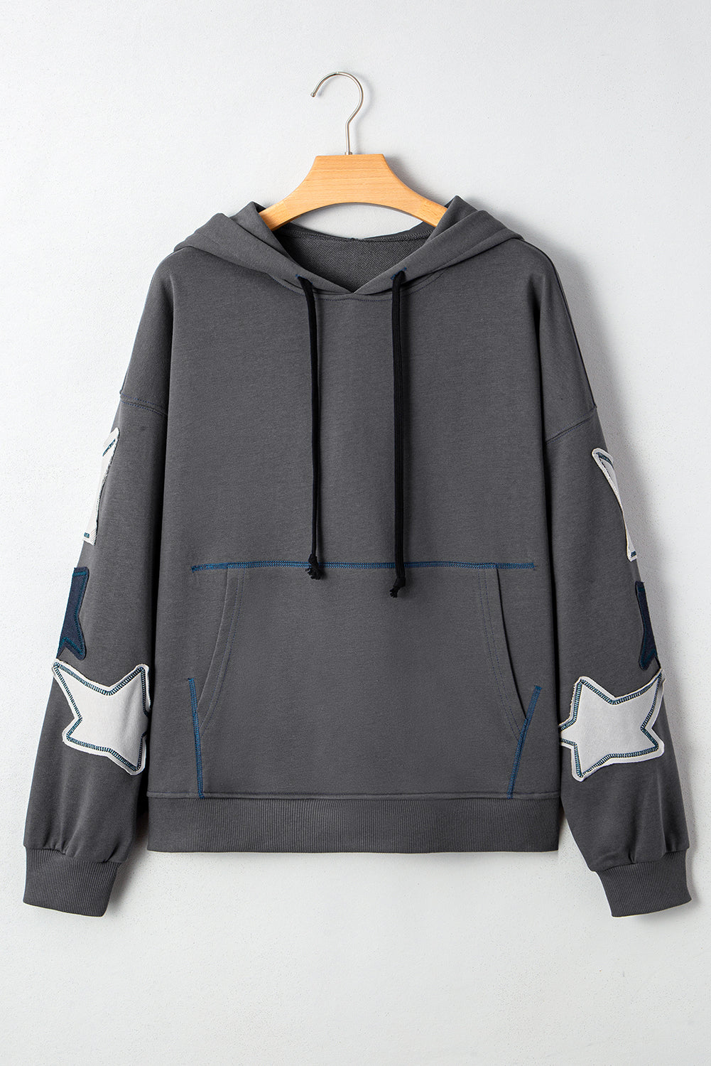 Star Stitching Patchwork Contrast Mineral Wash Kangaroo Pocket Retro Hoodie