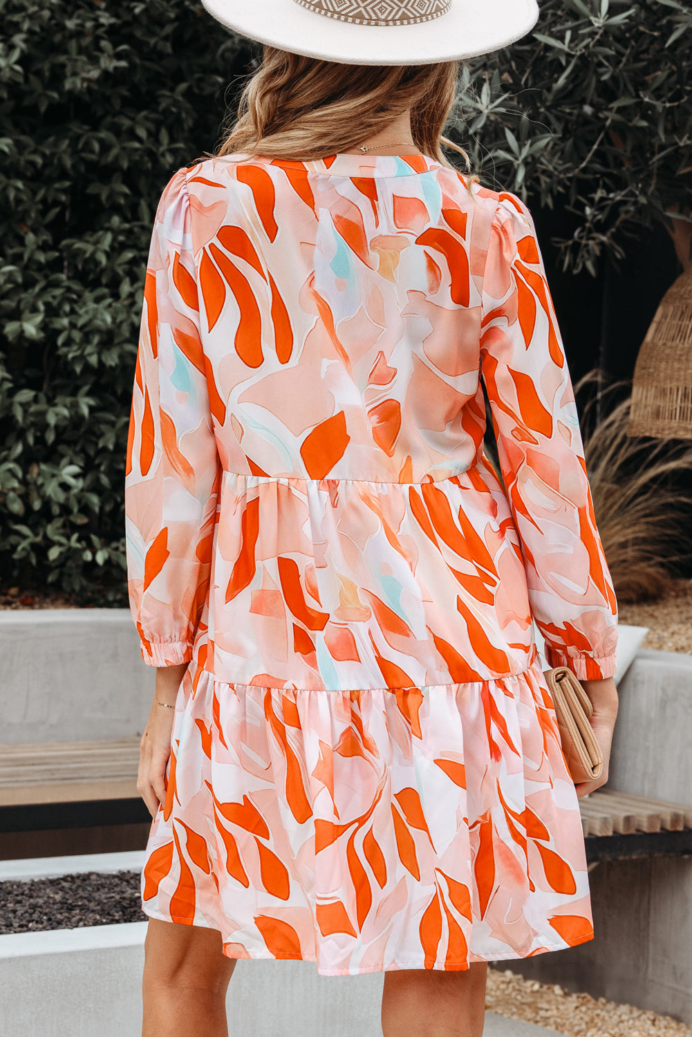 Abstract Print Split Neck Long-Sleeved Dress
