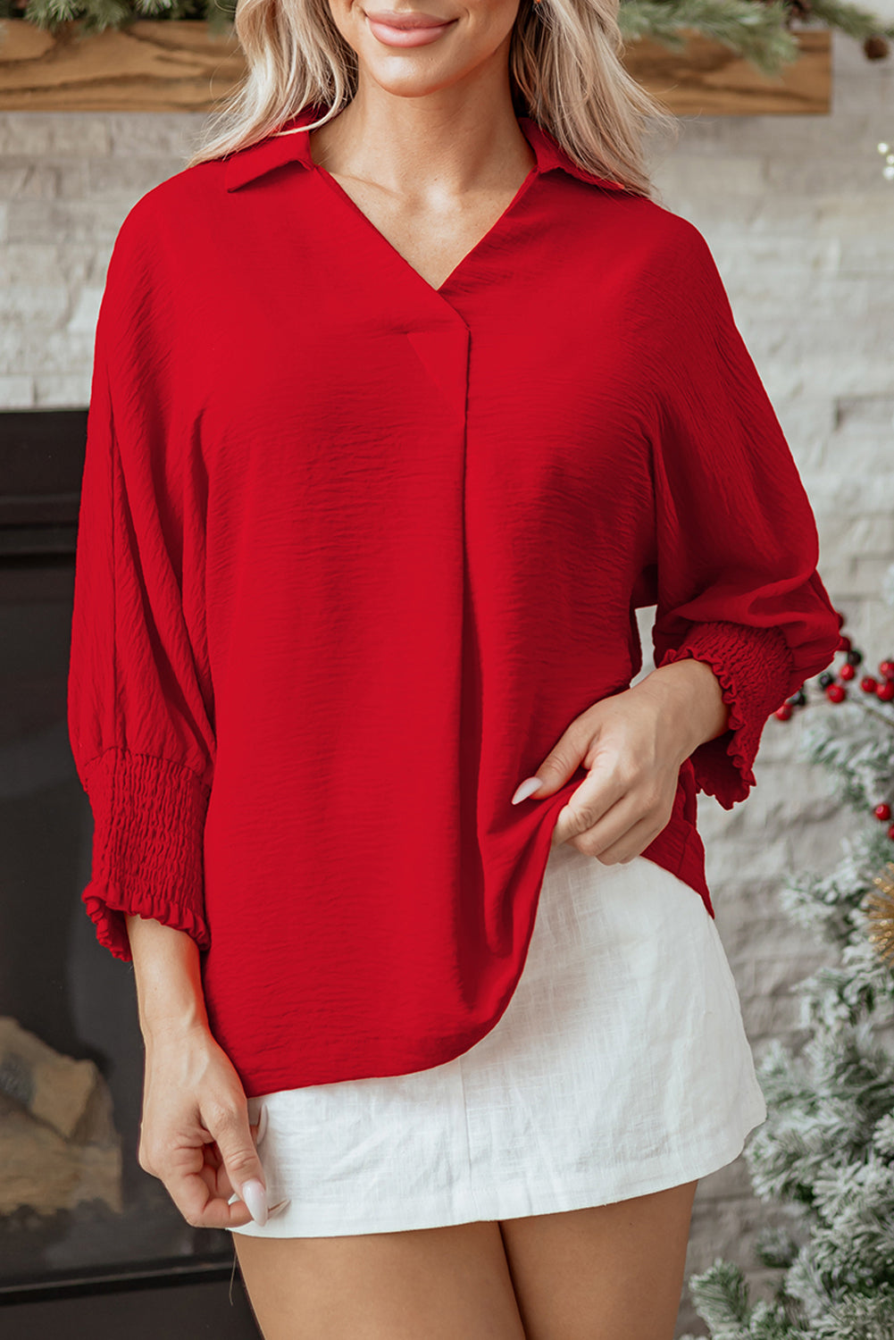 Shirred V-Neck Collared 3/4 Sleeve Roomy Tunic Top
