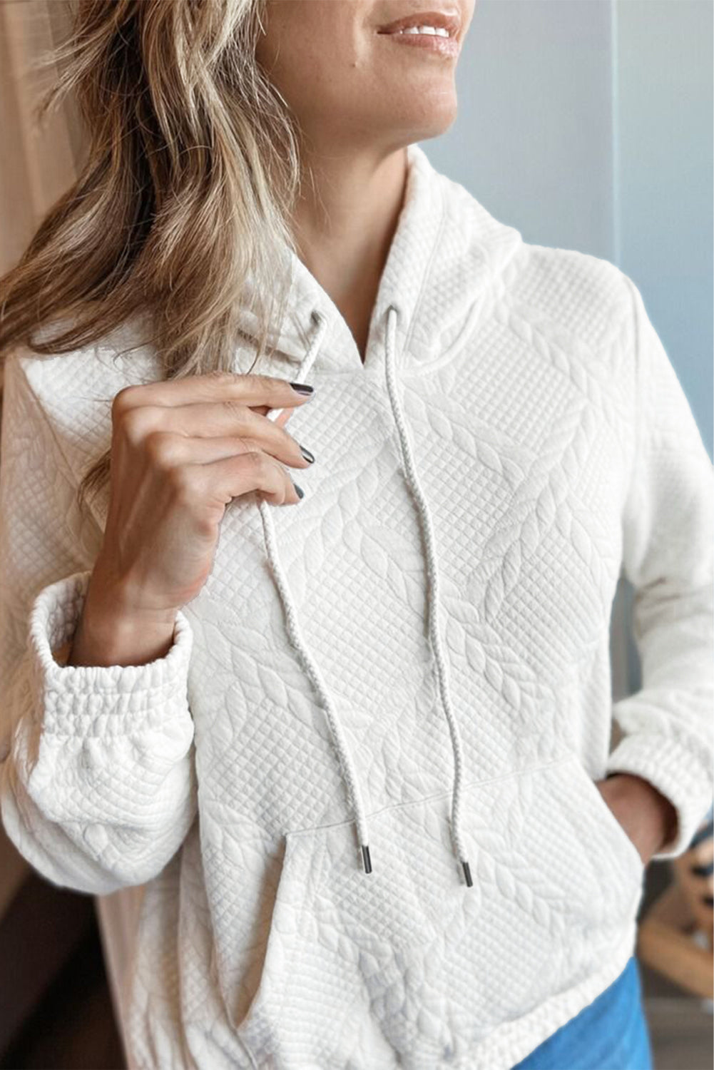 Cable Kangaroo Lattice Texture Pocket Hoodie