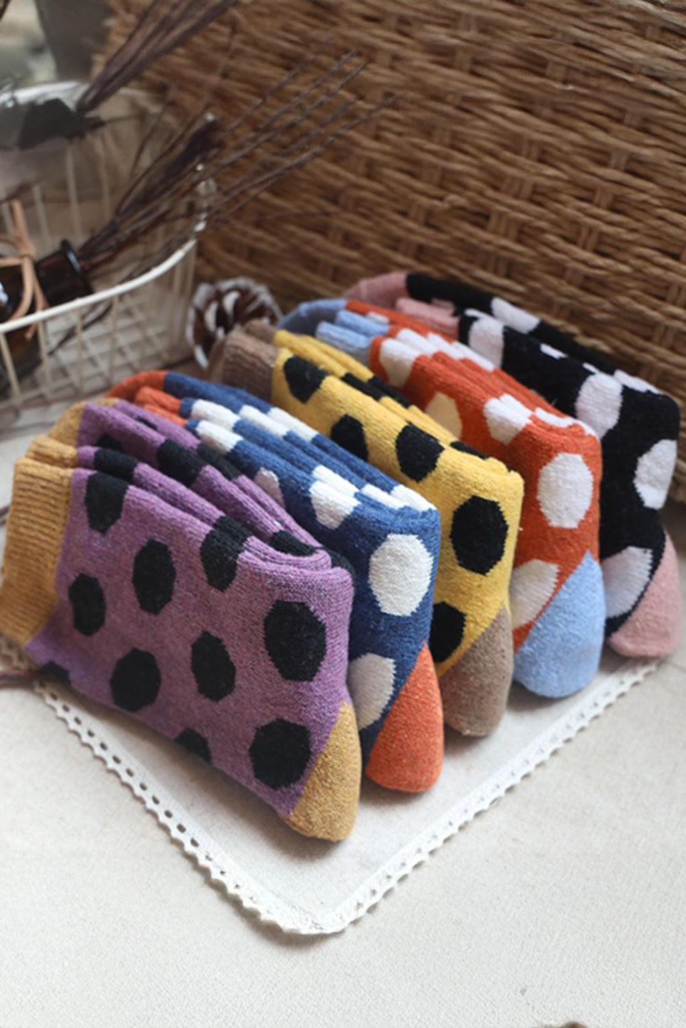Polka-Dot Colorblock Thick Soft Crew Socks