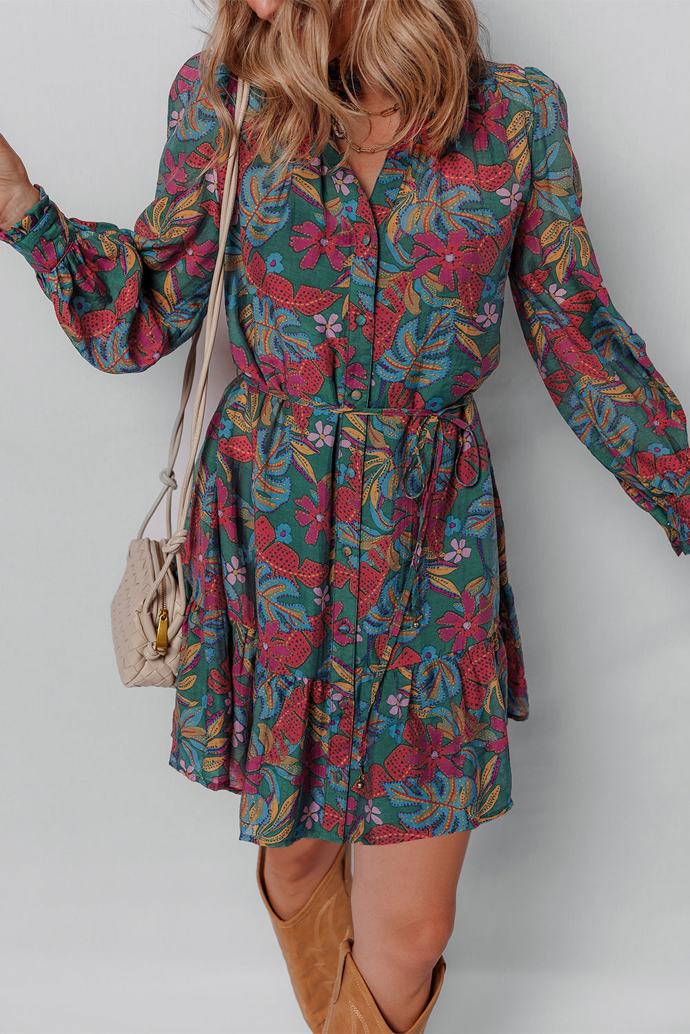 V-Neck Floral Friled Puff Sleeve Ruffled Shirt Dress