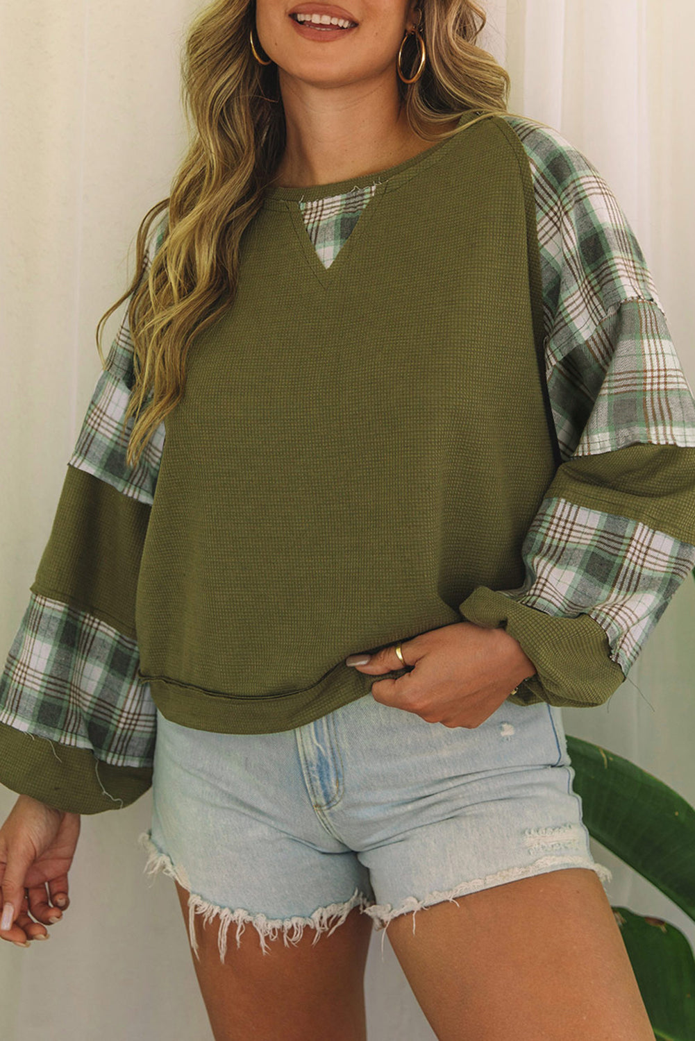 Women's Top with Bubble Sleeve Plaid Knitted